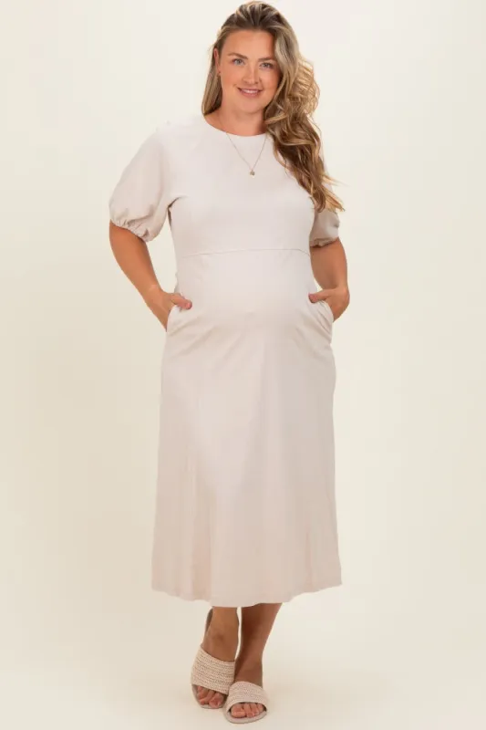 Beige Puff Sleeve Maternity Plus Midi Dress made by Polagram