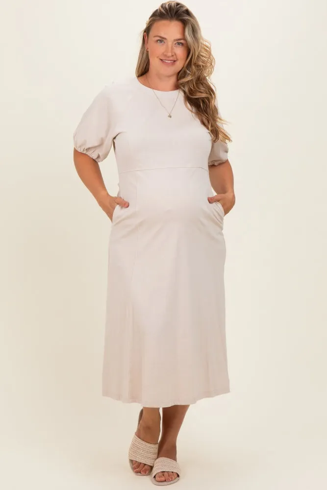 Beige Puff Sleeve Maternity Plus Midi Dress sold by Pinkblush