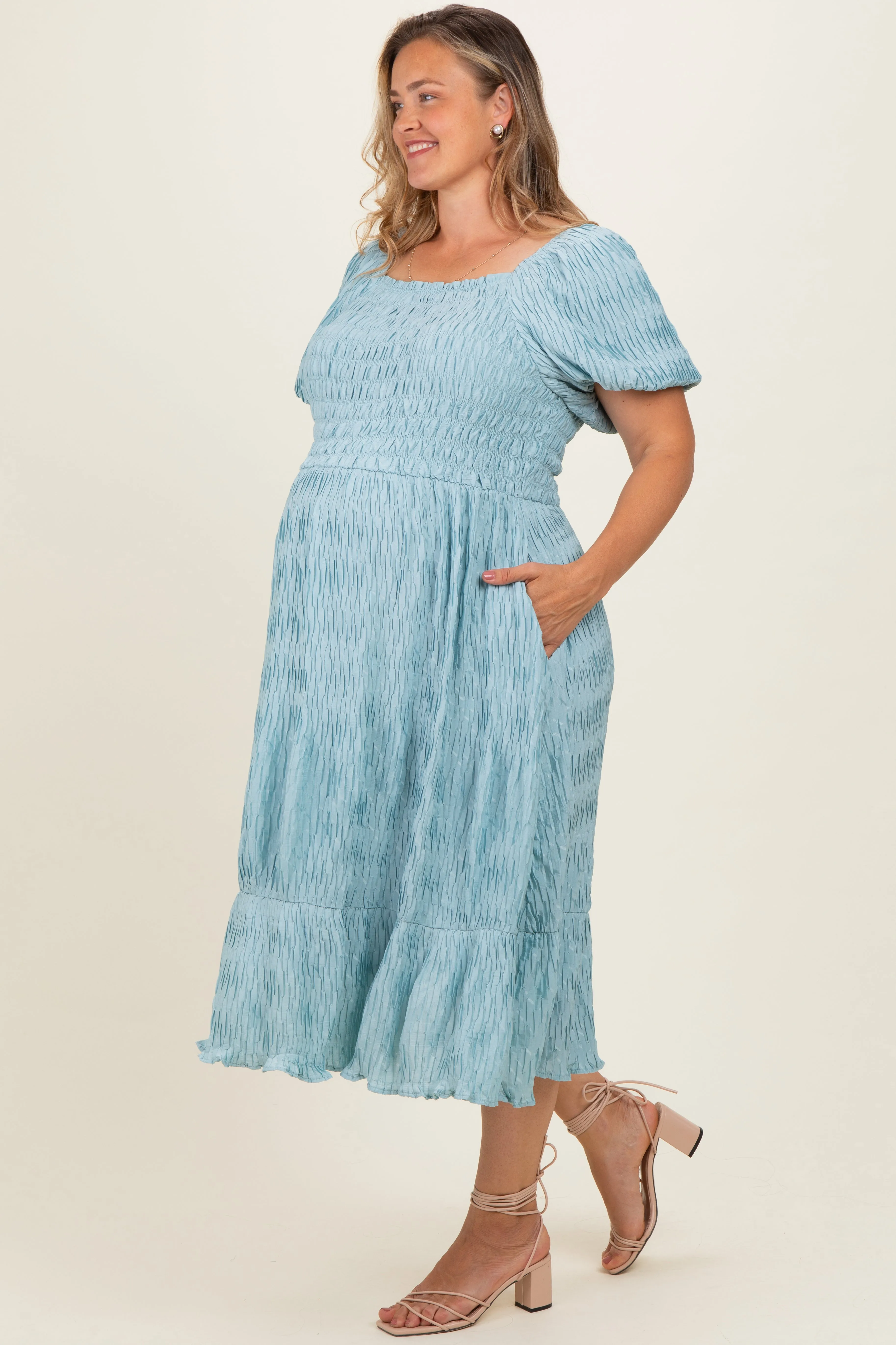 Dusty Blue Textured Woven Maternity Plus Maxi Dress sold by Pinkblush product image thumbnail 3