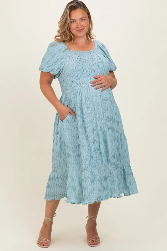 Dusty Blue Textured Woven Maternity Plus Maxi Dress made by Polagram