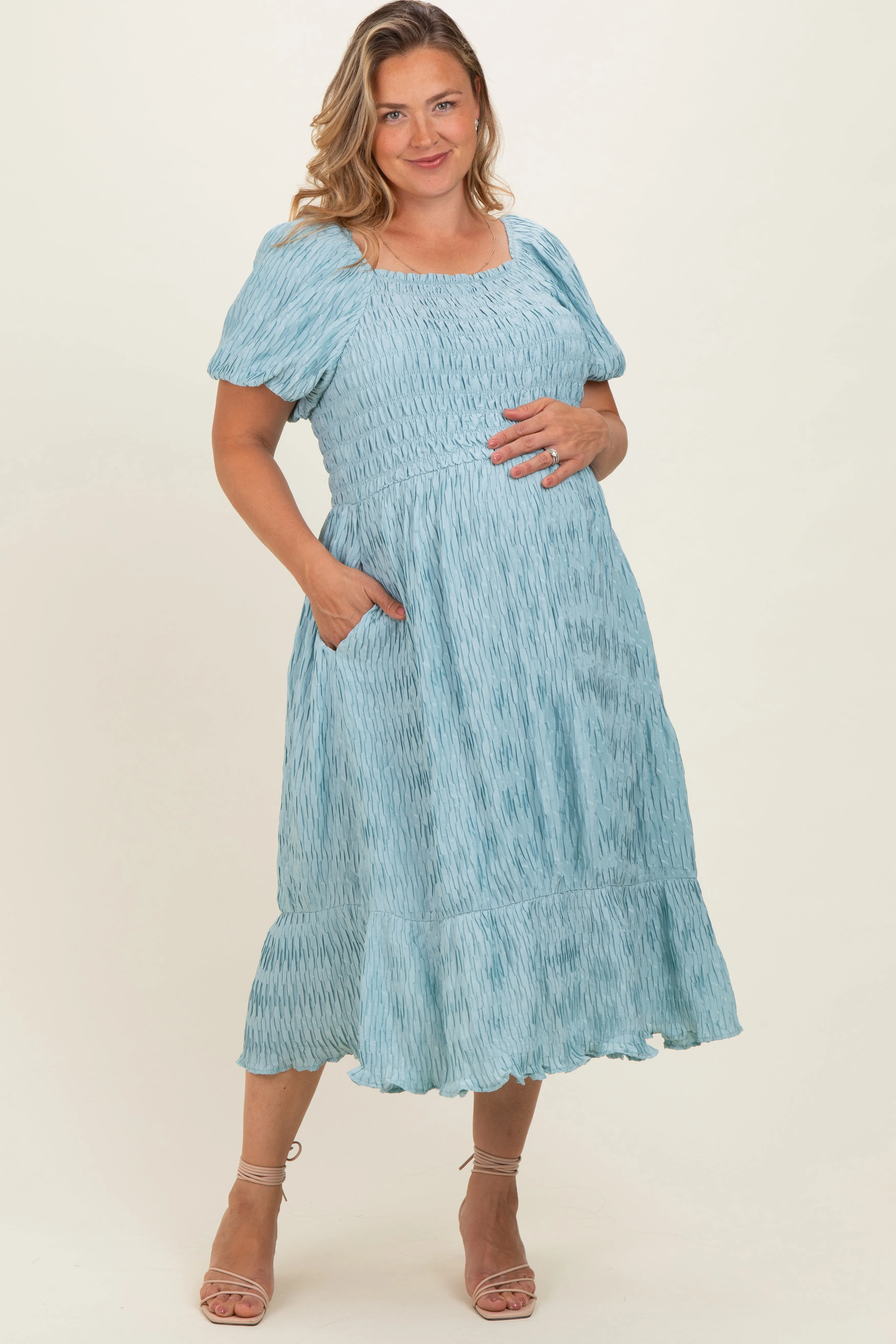 Dusty Blue Textured Woven Maternity Plus Maxi Dress sold by Pinkblush