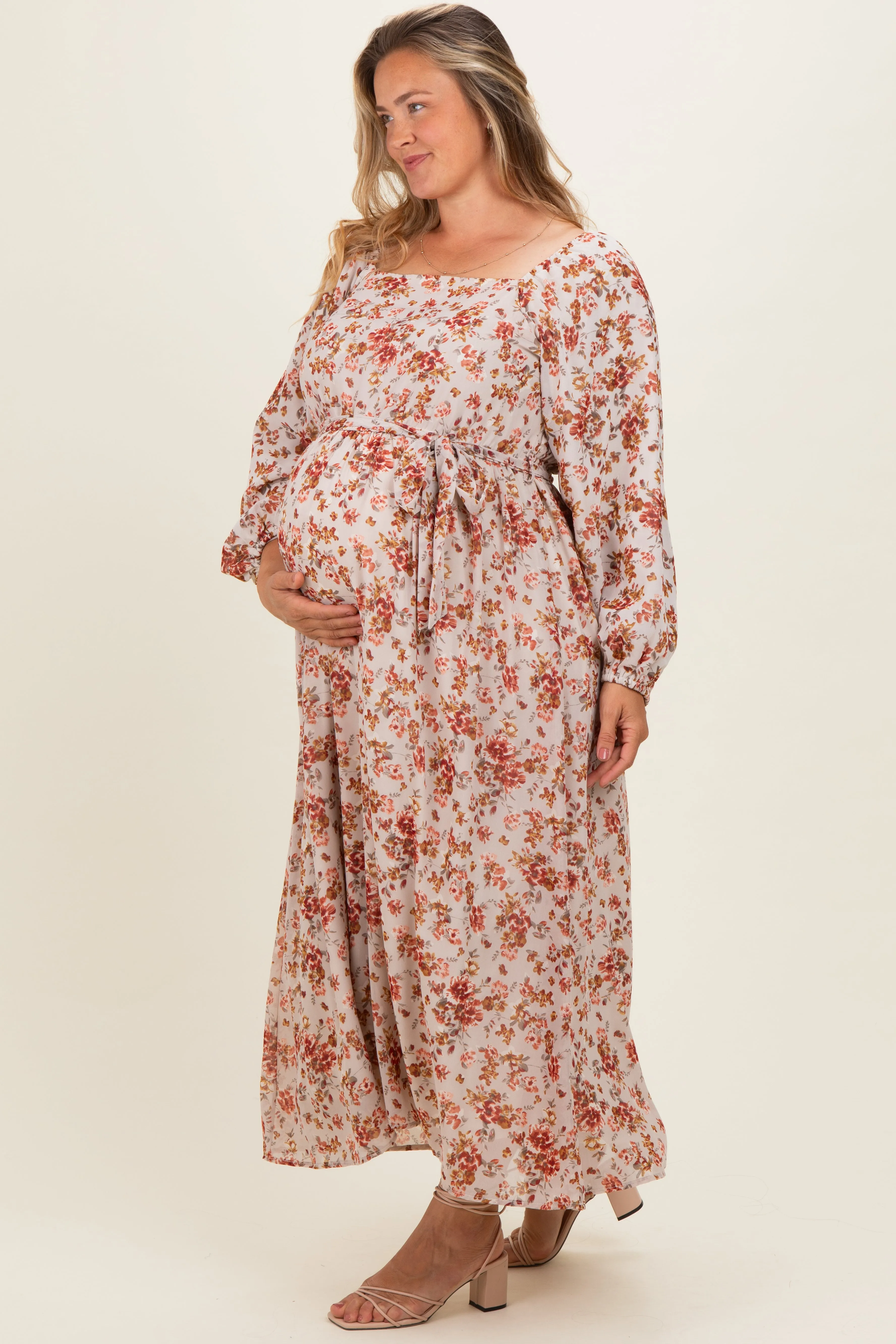 Cream Floral Square Neck Front Tie Maternity Plus Midi Dress sold by Pinkblush product image thumbnail 3