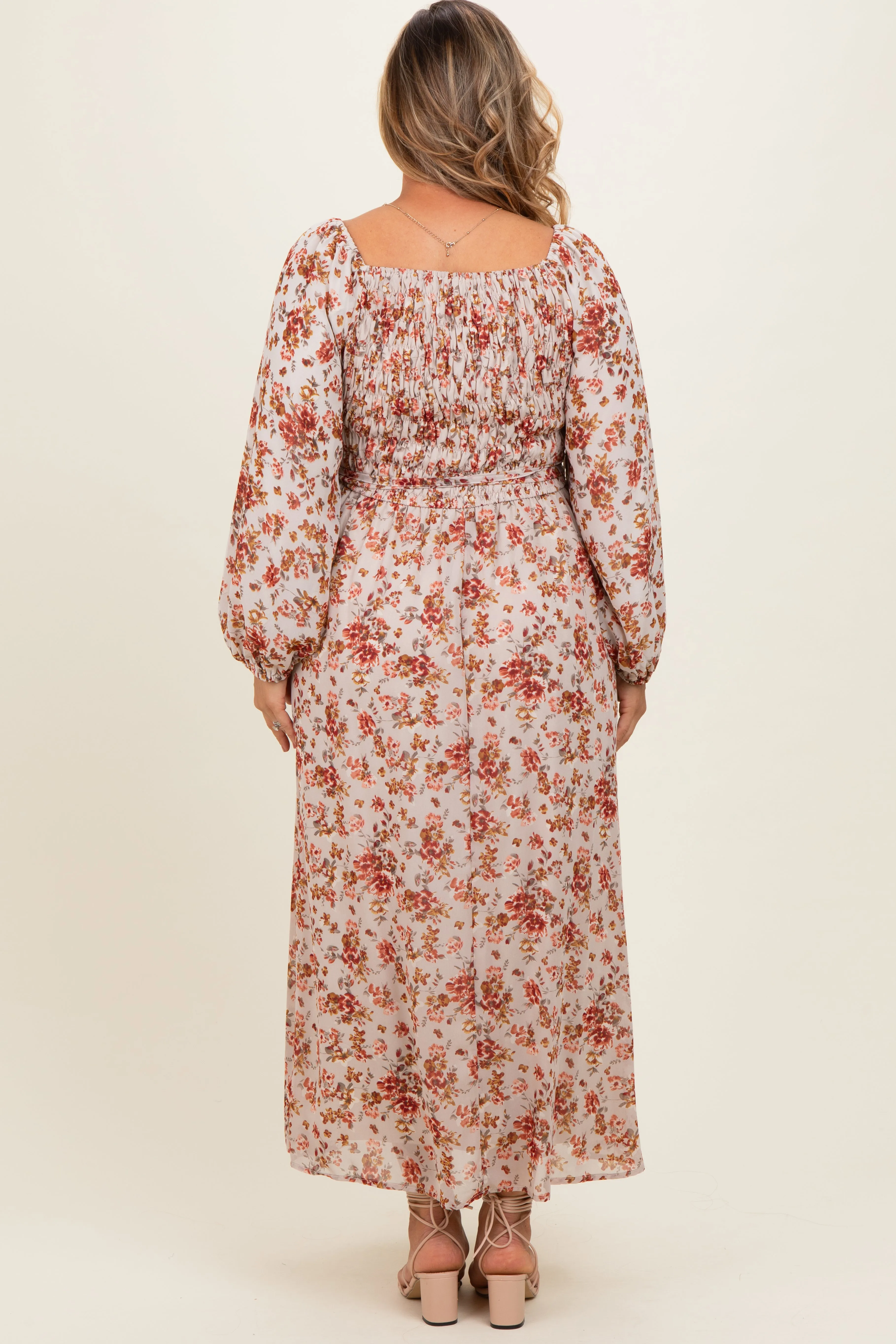 Cream Floral Square Neck Front Tie Maternity Plus Midi Dress sold by Pinkblush product image thumbnail 4
