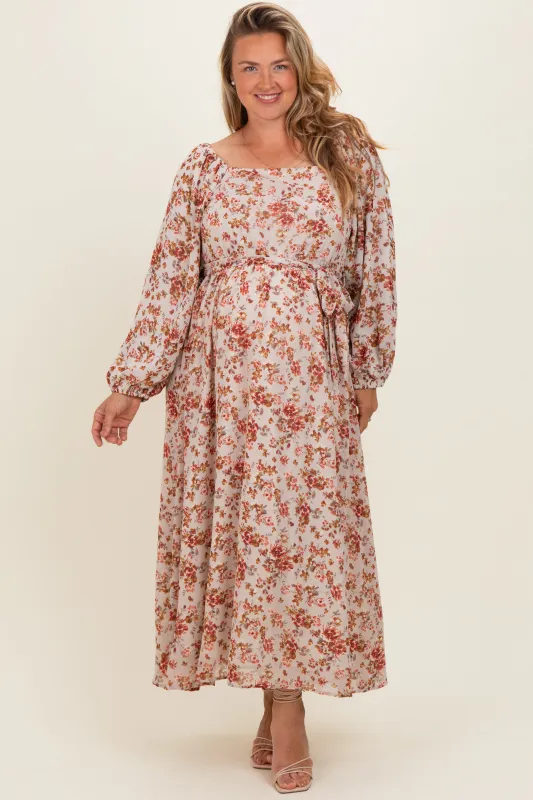 Cream Floral Square Neck Front Tie Maternity Plus Midi Dress made by Polagram