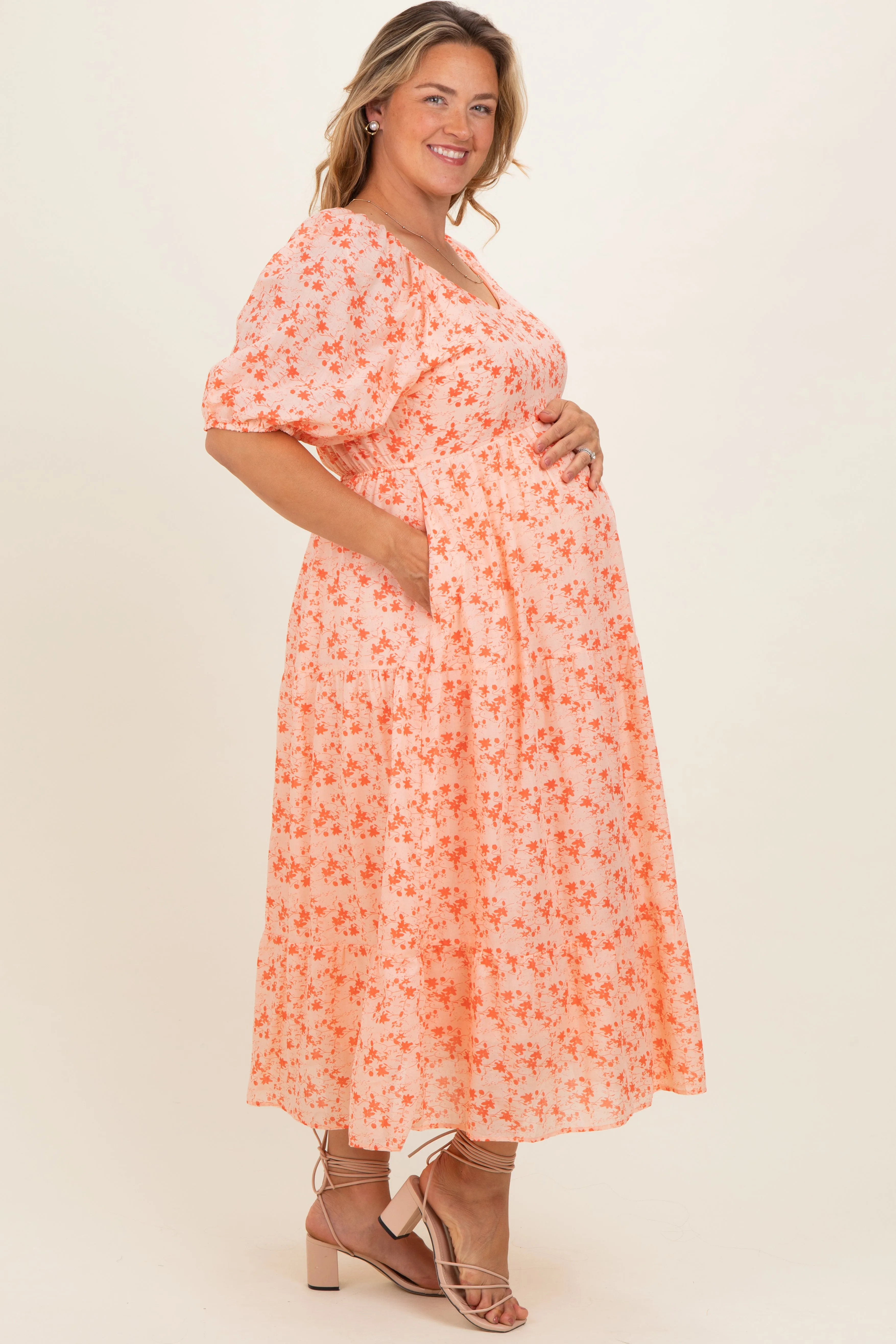 Red Floral V-Neck Tiered Maternity Plus Midi Dress sold by Pinkblush product image thumbnail 3
