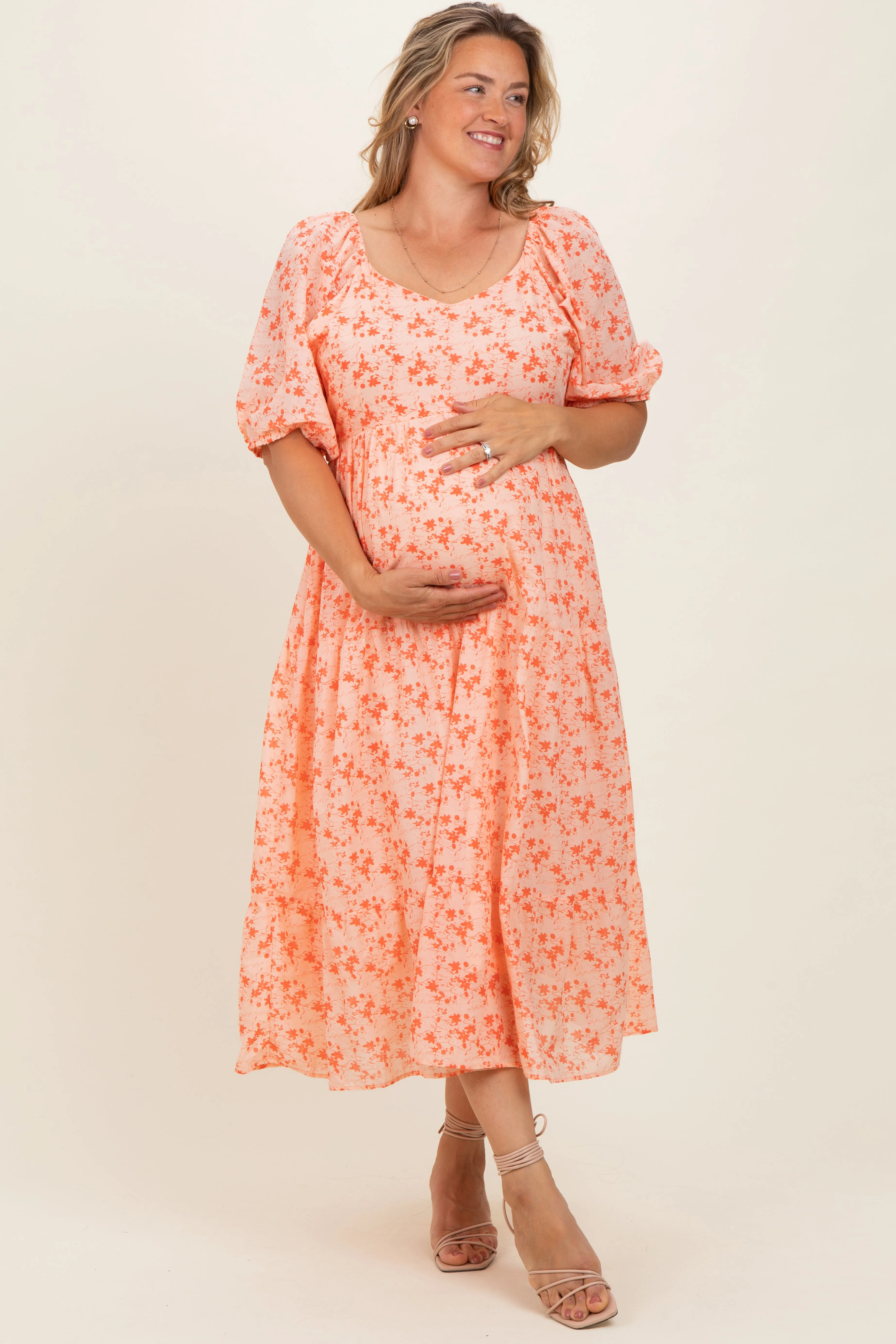 Red Floral V-Neck Tiered Maternity Plus Midi Dress sold by Pinkblush product image thumbnail 2