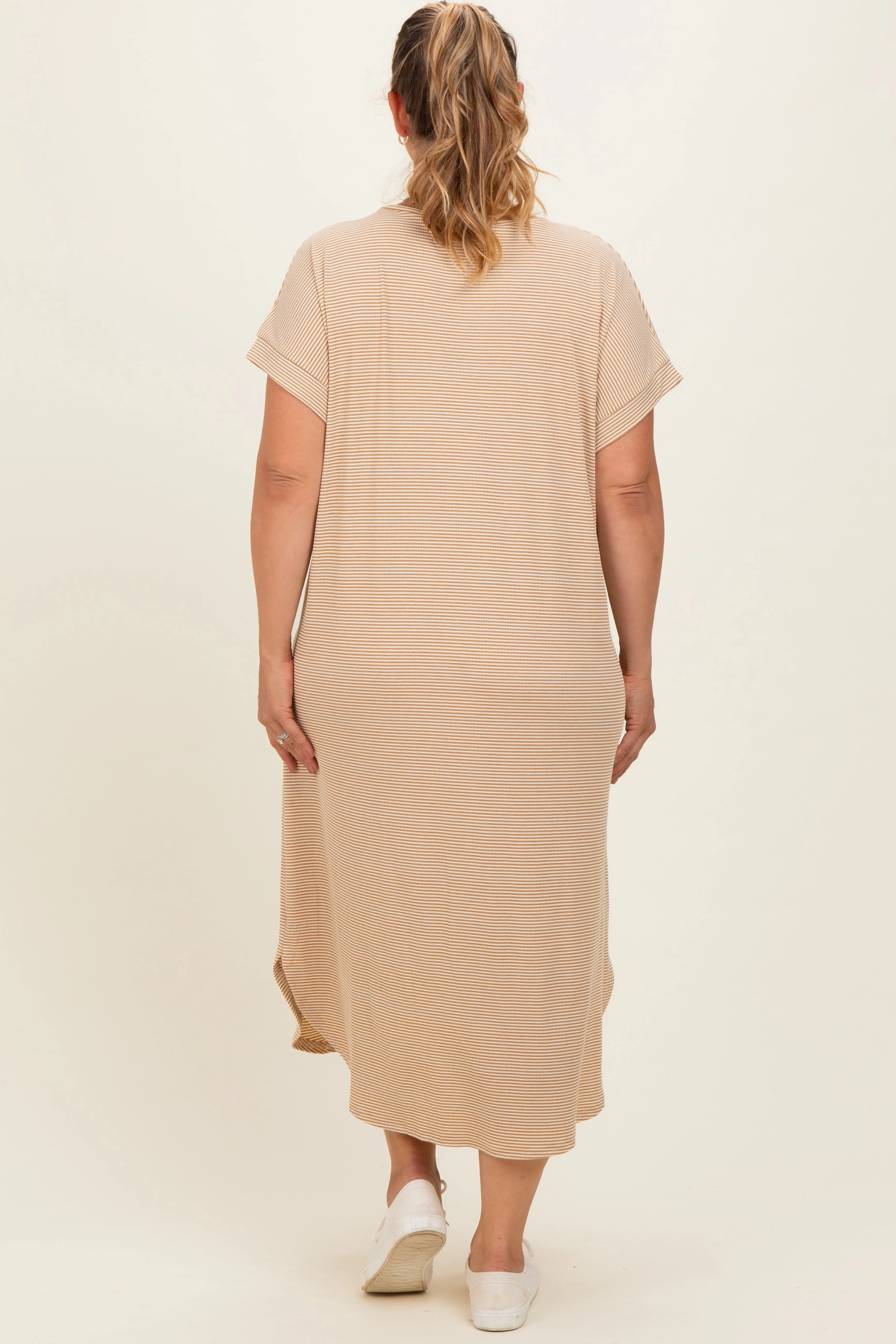 Camel Striped Button Detail Maternity Plus Midi Dress sold by Pinkblush product image thumbnail 4
