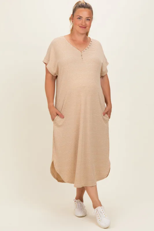 Camel Striped Button Detail Maternity Plus Midi Dress made by Polagram