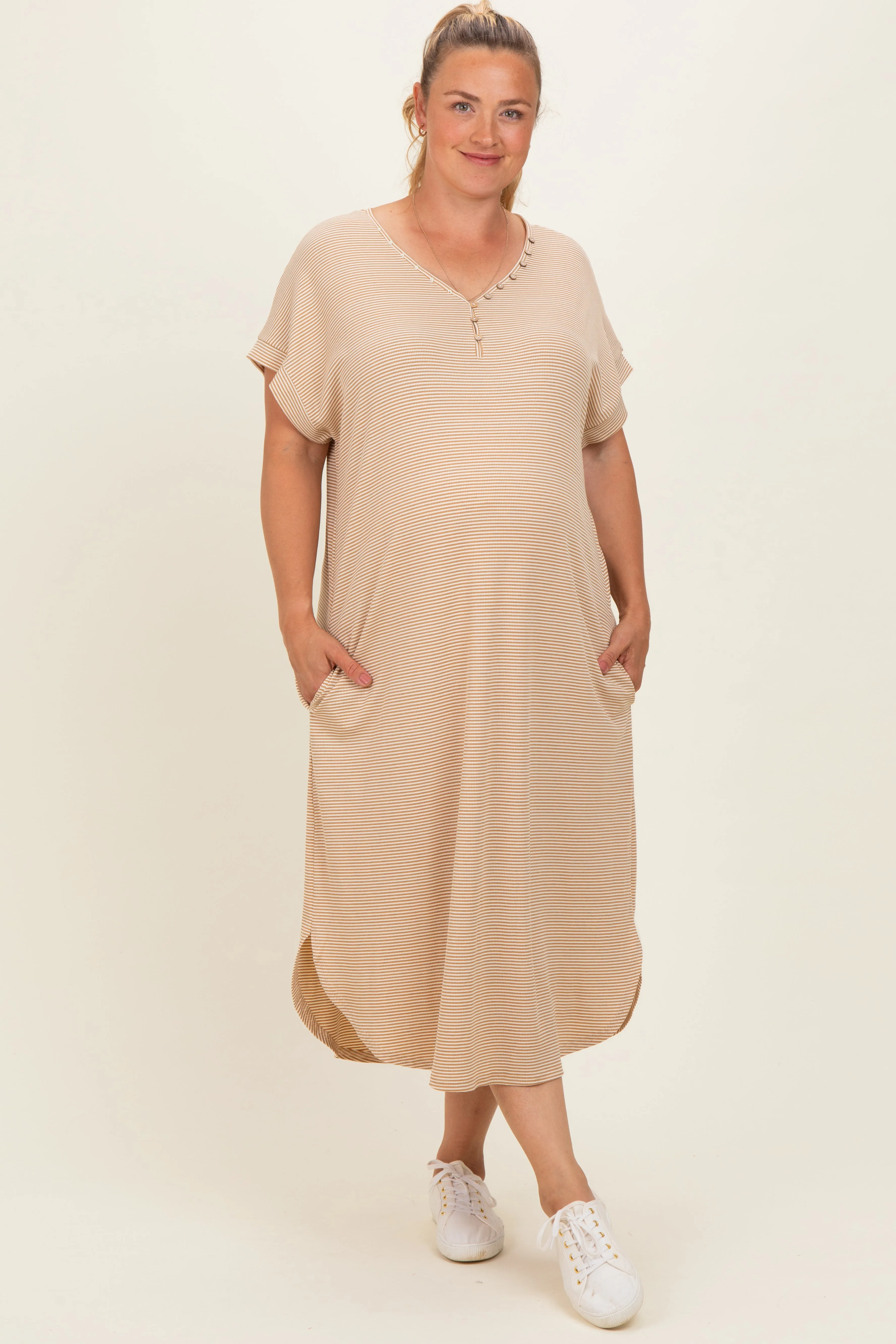 Camel Striped Button Detail Maternity Plus Midi Dress sold by Pinkblush