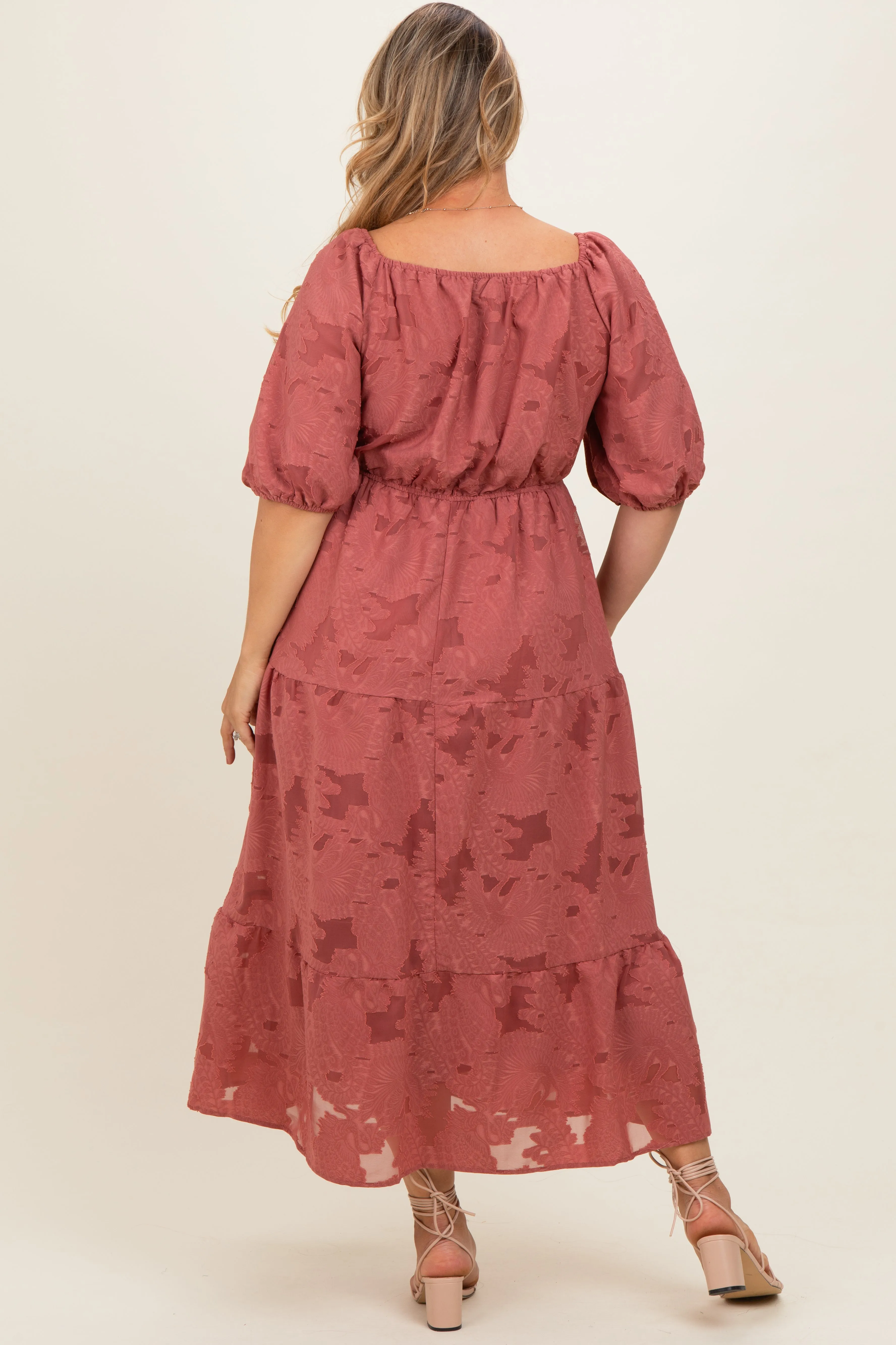 Mauve Floral Textured Tiered Midi Maternity Plus Dress sold by Pinkblush product image thumbnail 4