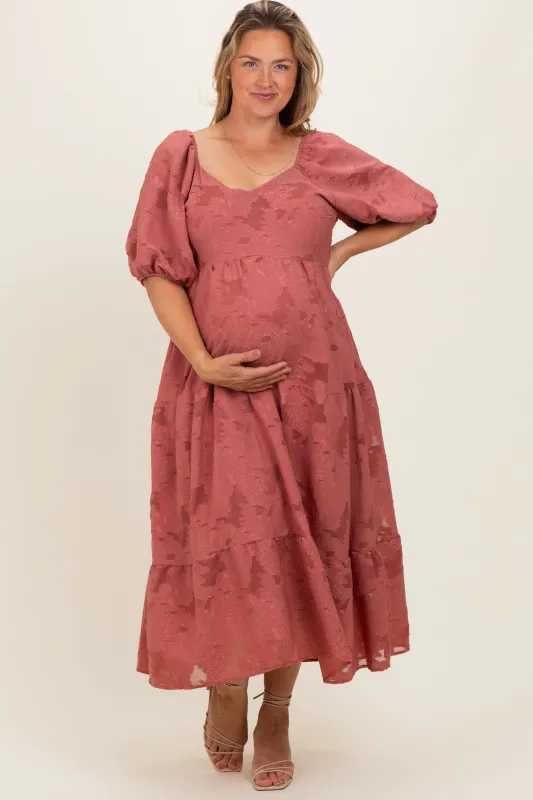 Mauve Floral Textured Tiered Midi Maternity Plus Dress made by Polagram