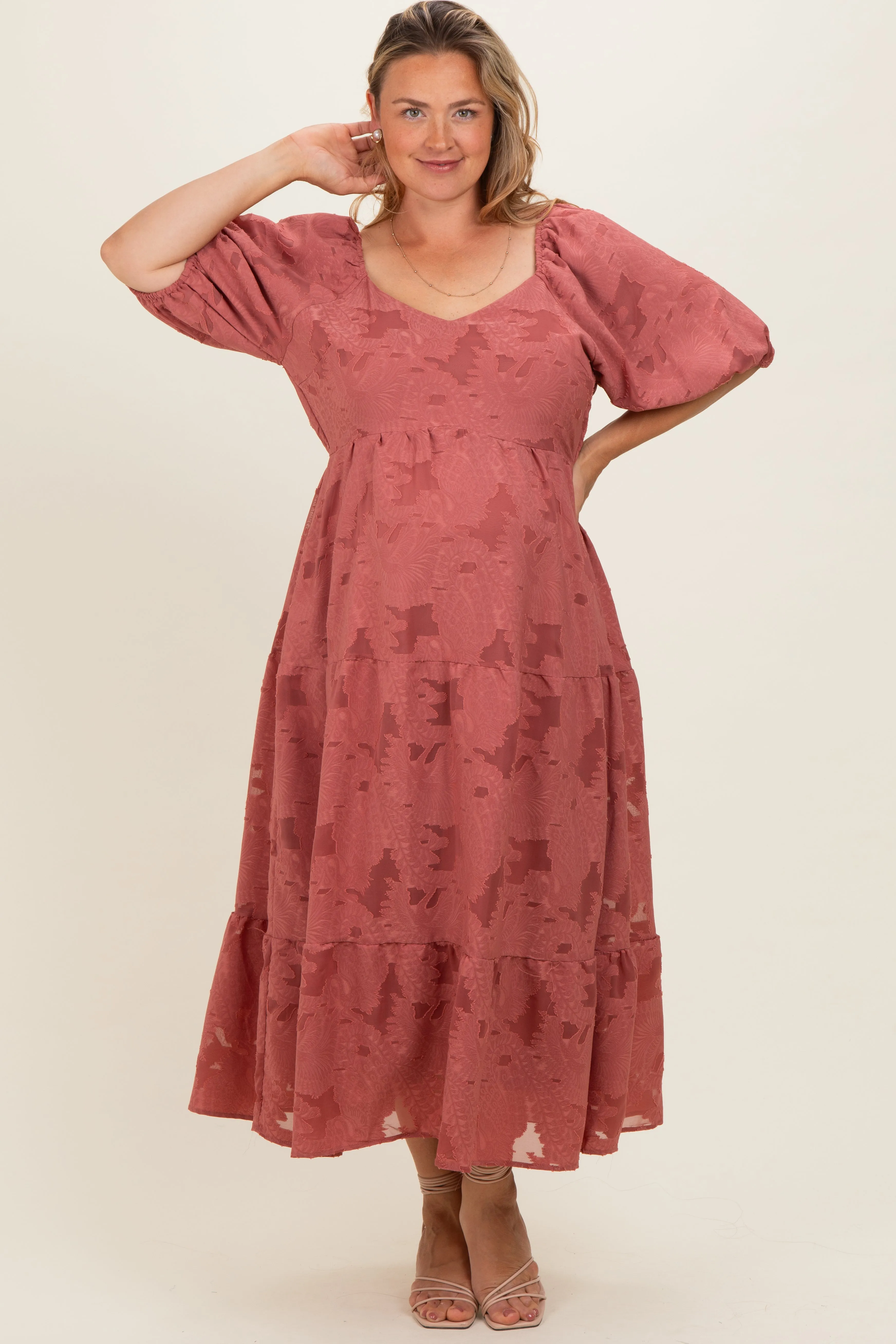 Mauve Floral Textured Tiered Midi Maternity Plus Dress sold by Pinkblush product image thumbnail 2