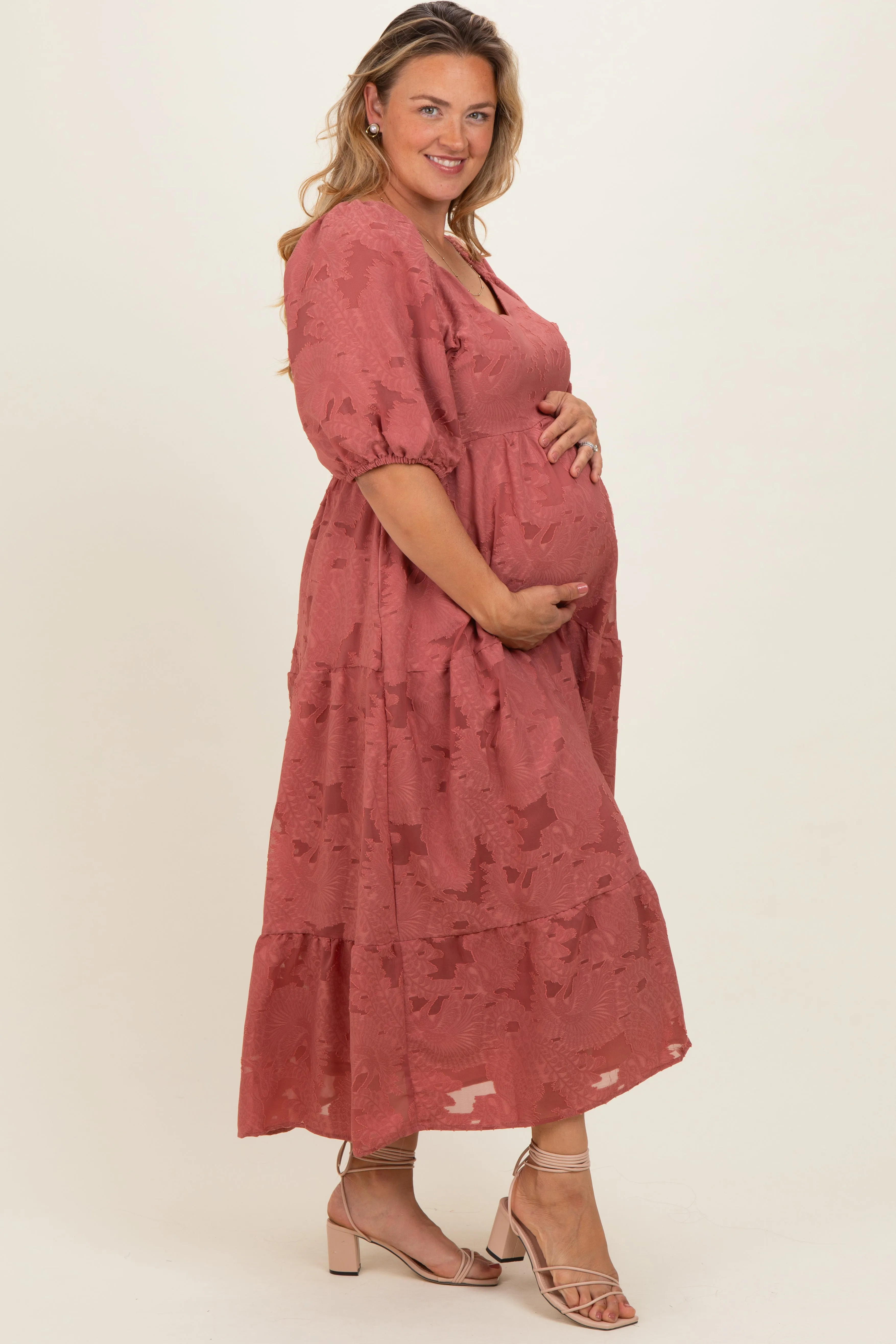 Mauve Floral Textured Tiered Midi Maternity Plus Dress sold by Pinkblush product image thumbnail 3
