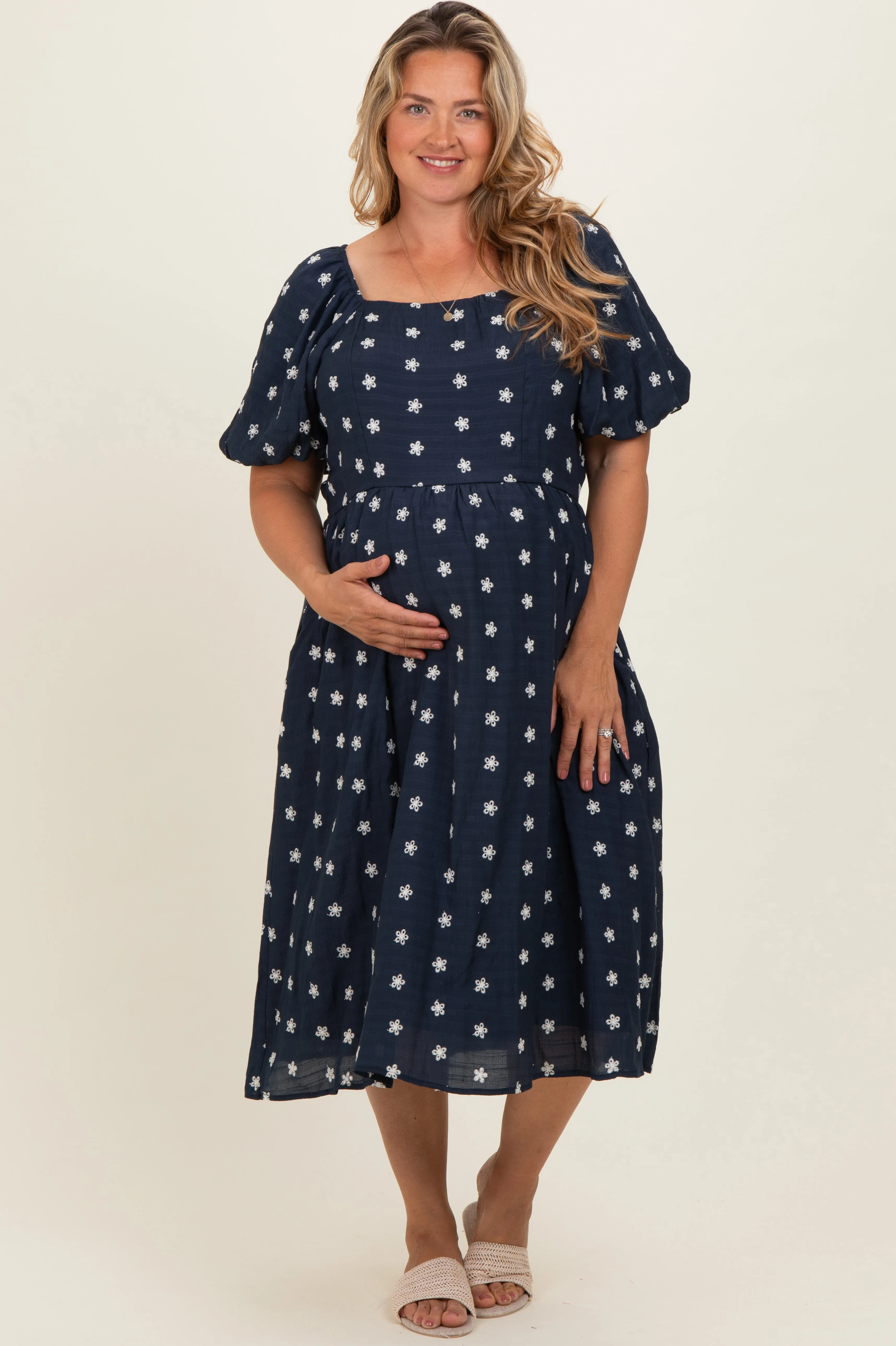 Navy Blue Floral Embroidered Short Sleeve Maternity Plus Dress sold by Pinkblush product image thumbnail 2