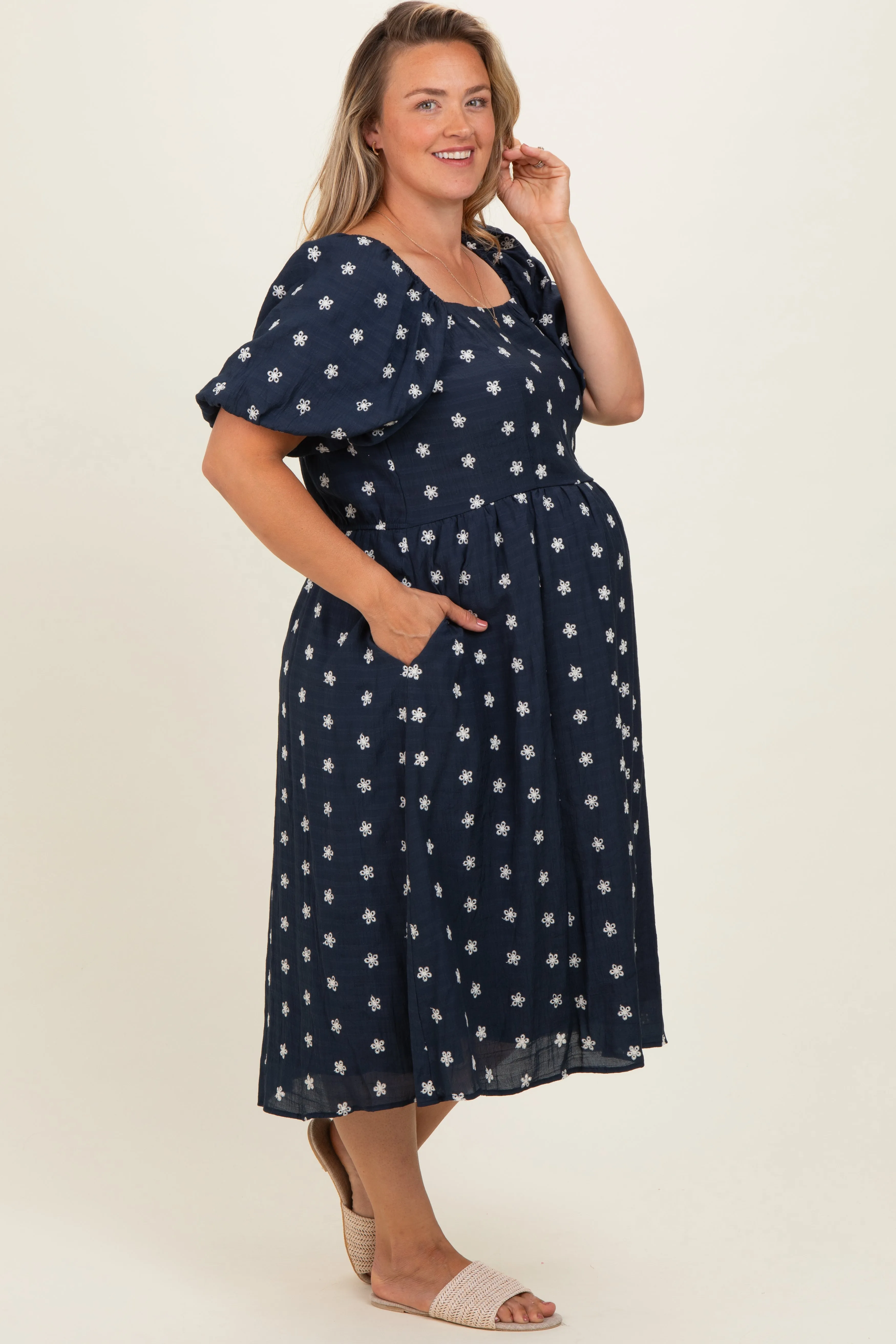 Navy Blue Floral Embroidered Short Sleeve Maternity Plus Dress sold by Pinkblush product image thumbnail 3