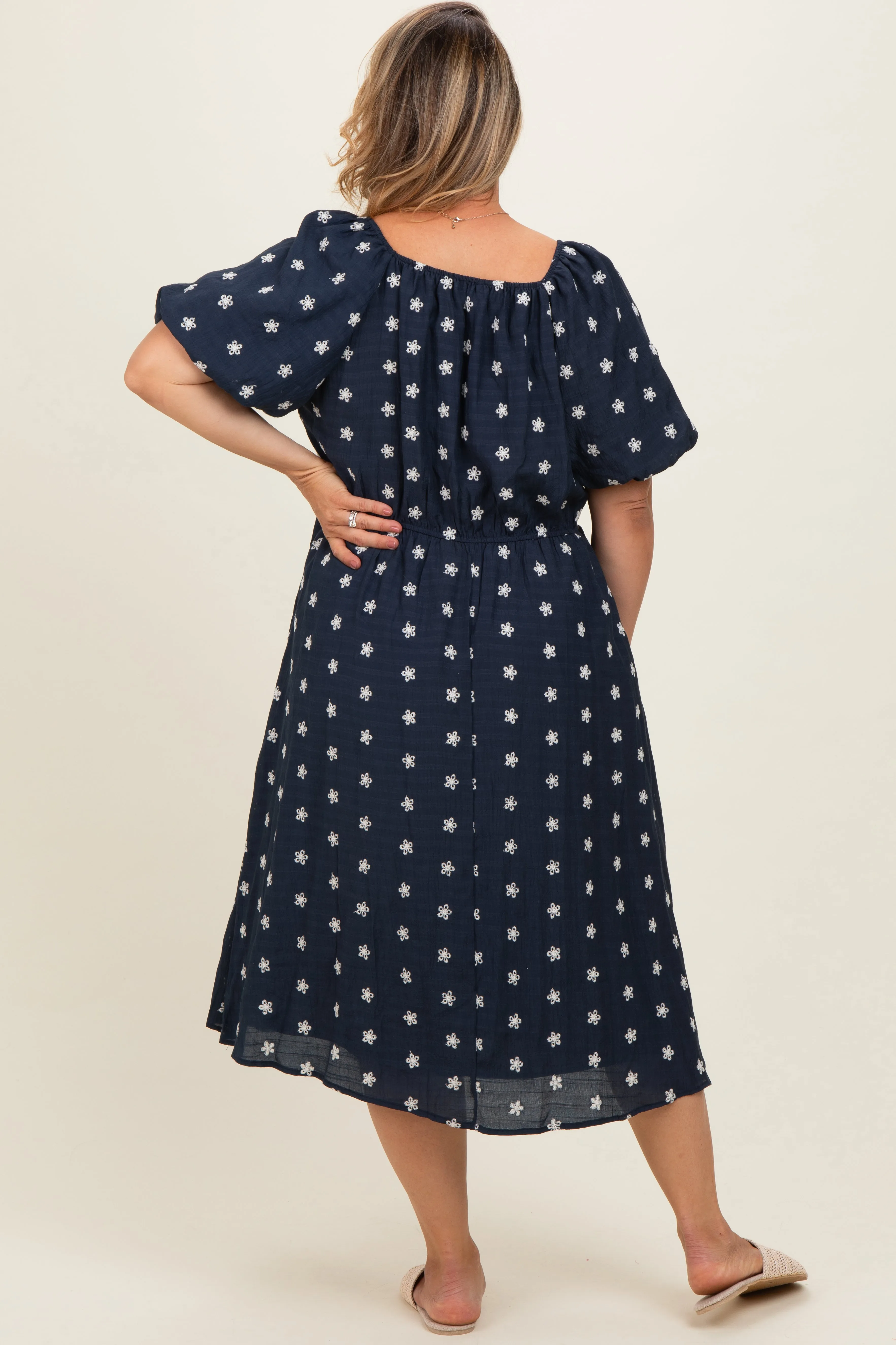 Navy Blue Floral Embroidered Short Sleeve Maternity Plus Dress sold by Pinkblush product image thumbnail 4