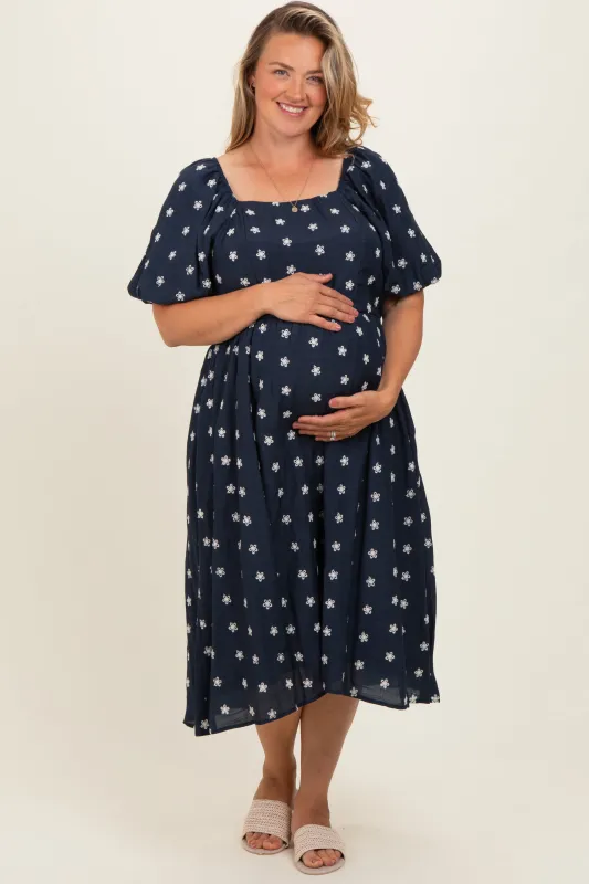 Navy Blue Floral Embroidered Short Sleeve Maternity Plus Dress made by tea n rose