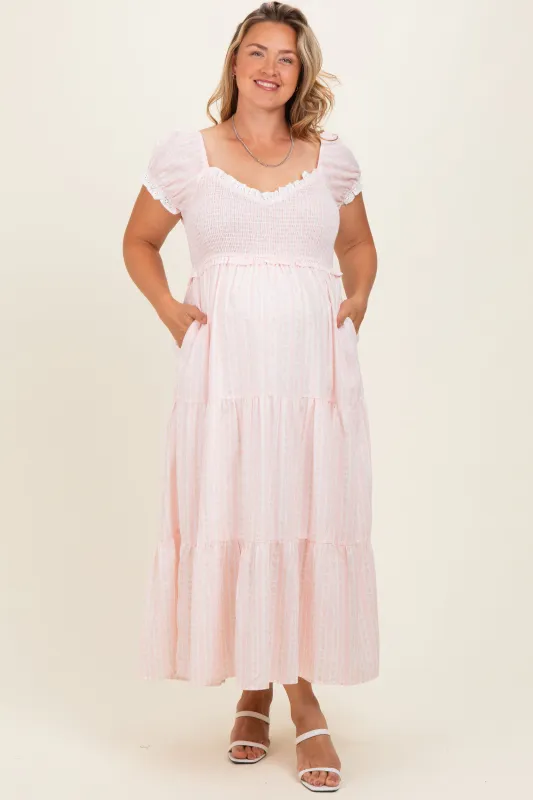 Light Pink Floral Lace Trim Tiered Maternity Plus Maxi Dress made by BaeVely
