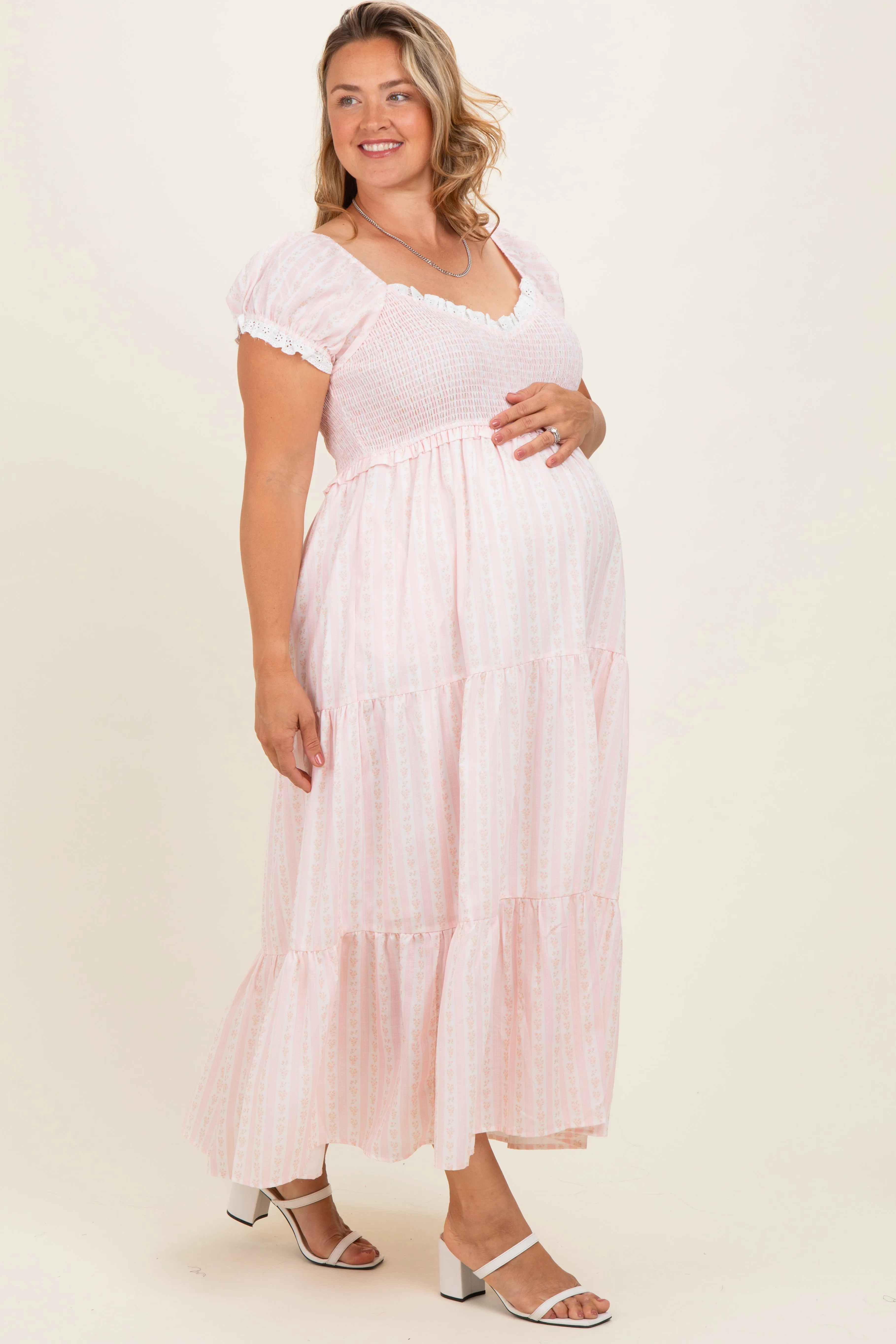 Light Pink Floral Lace Trim Tiered Maternity Plus Maxi Dress sold by Pinkblush product image thumbnail 3