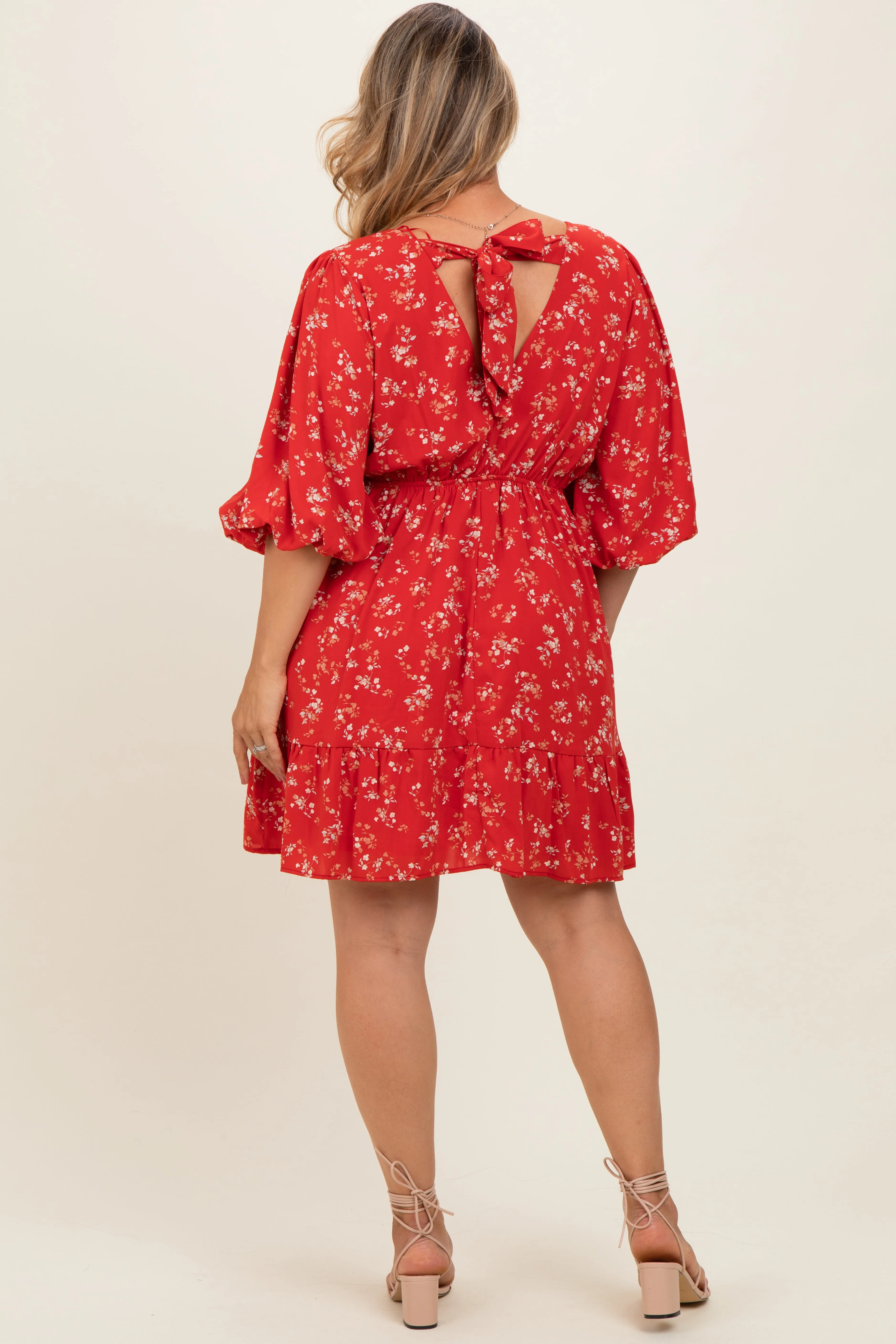 Red Floral Back Tie Maternity Plus Mini Dress sold by Pinkblush product image thumbnail 4