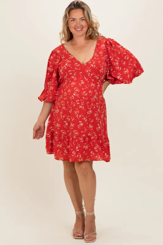 Red Floral Back Tie Maternity Plus Mini Dress made by BaeVely