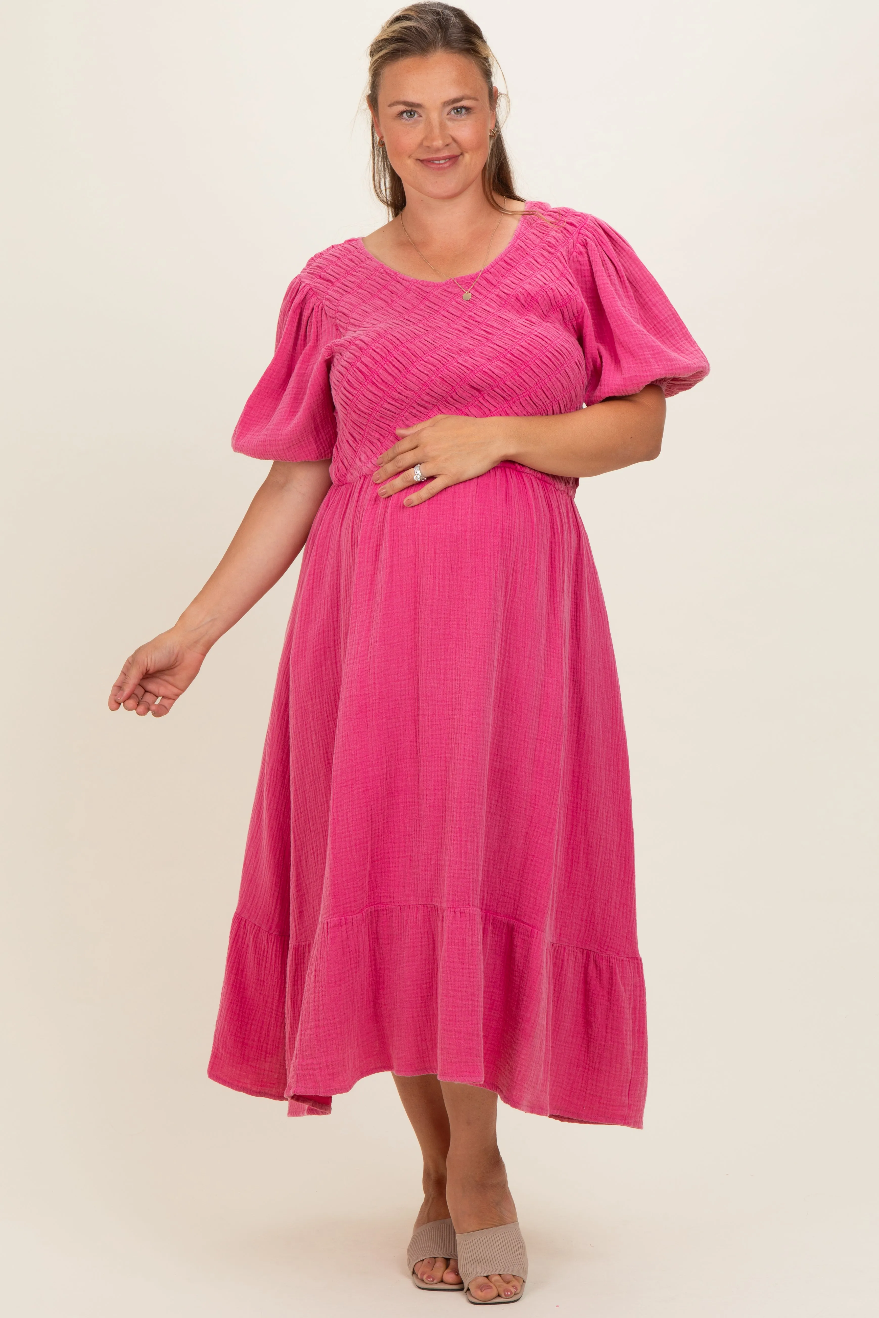 Pink Washed Gauze Smocked Maternity Plus Midi Dress sold by Pinkblush product image thumbnail 2
