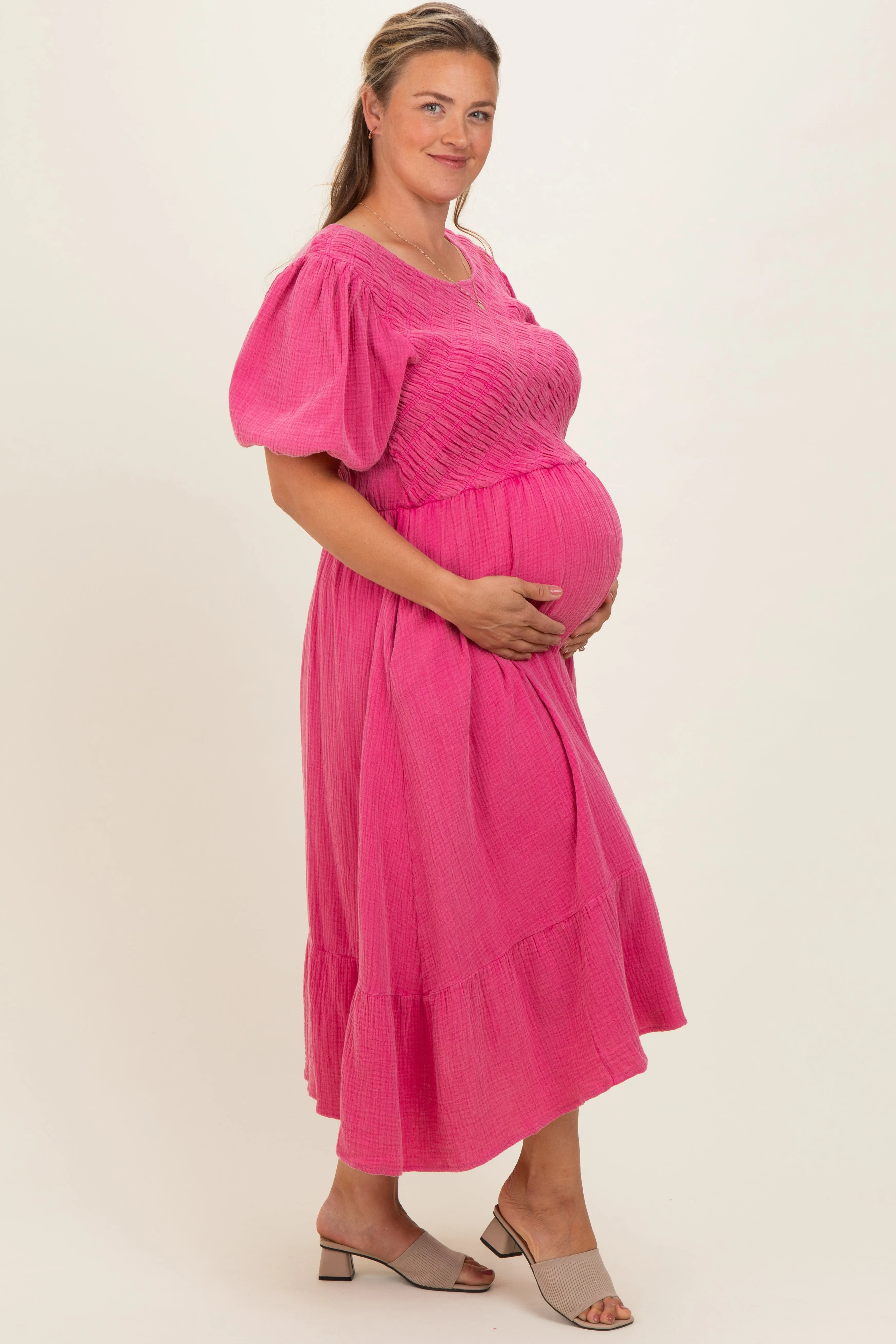 Pink Washed Gauze Smocked Maternity Plus Midi Dress sold by Pinkblush product image thumbnail 3