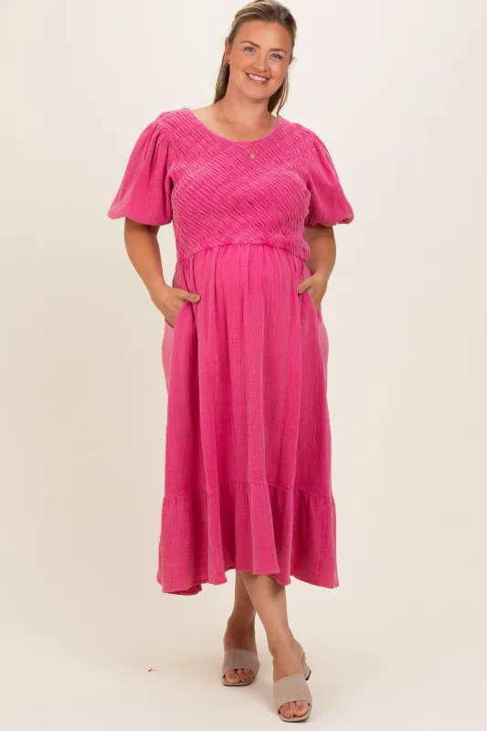 Pink Washed Gauze Smocked Maternity Plus Midi Dress made by Polagram