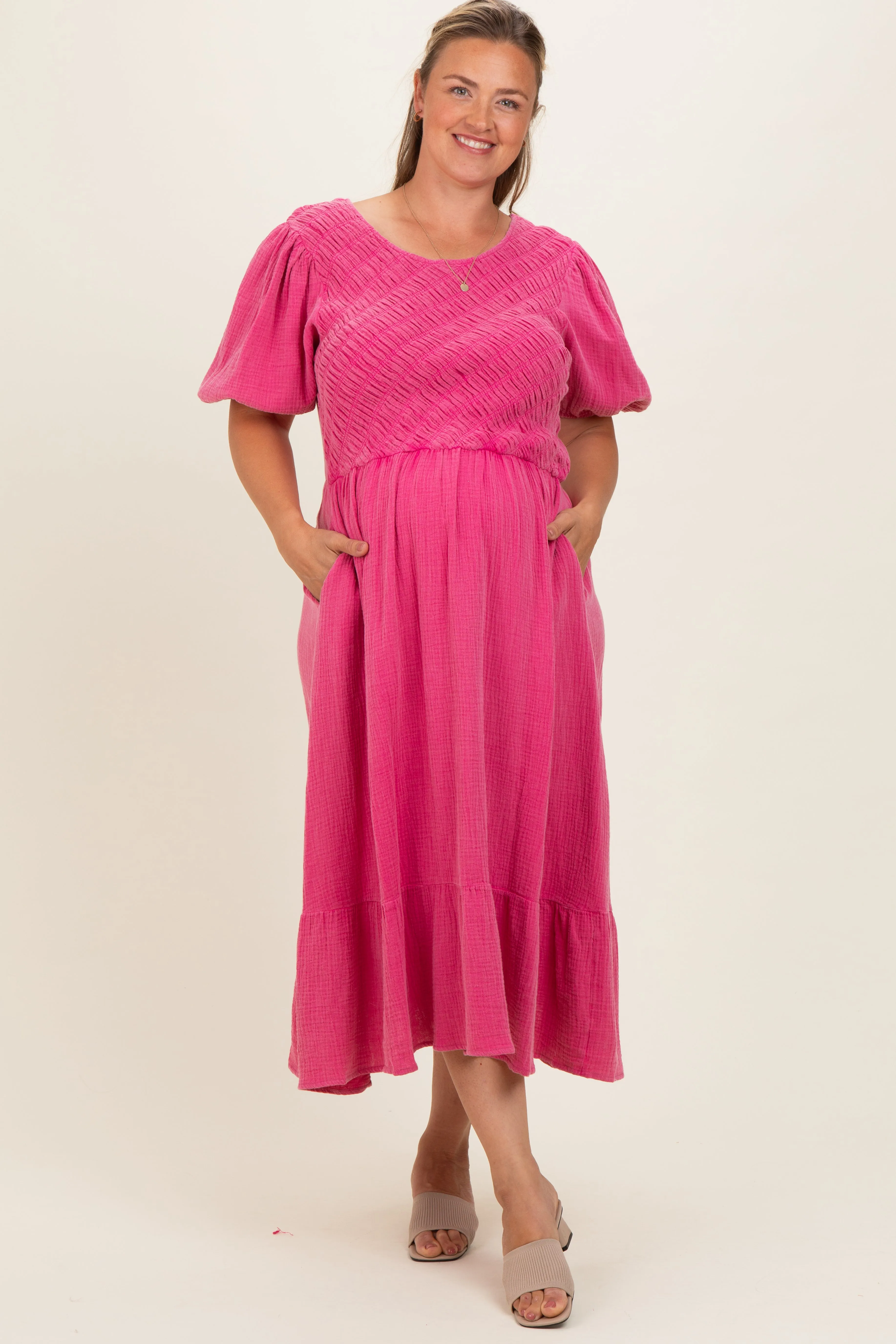 Pink Washed Gauze Smocked Maternity Plus Midi Dress sold by Pinkblush