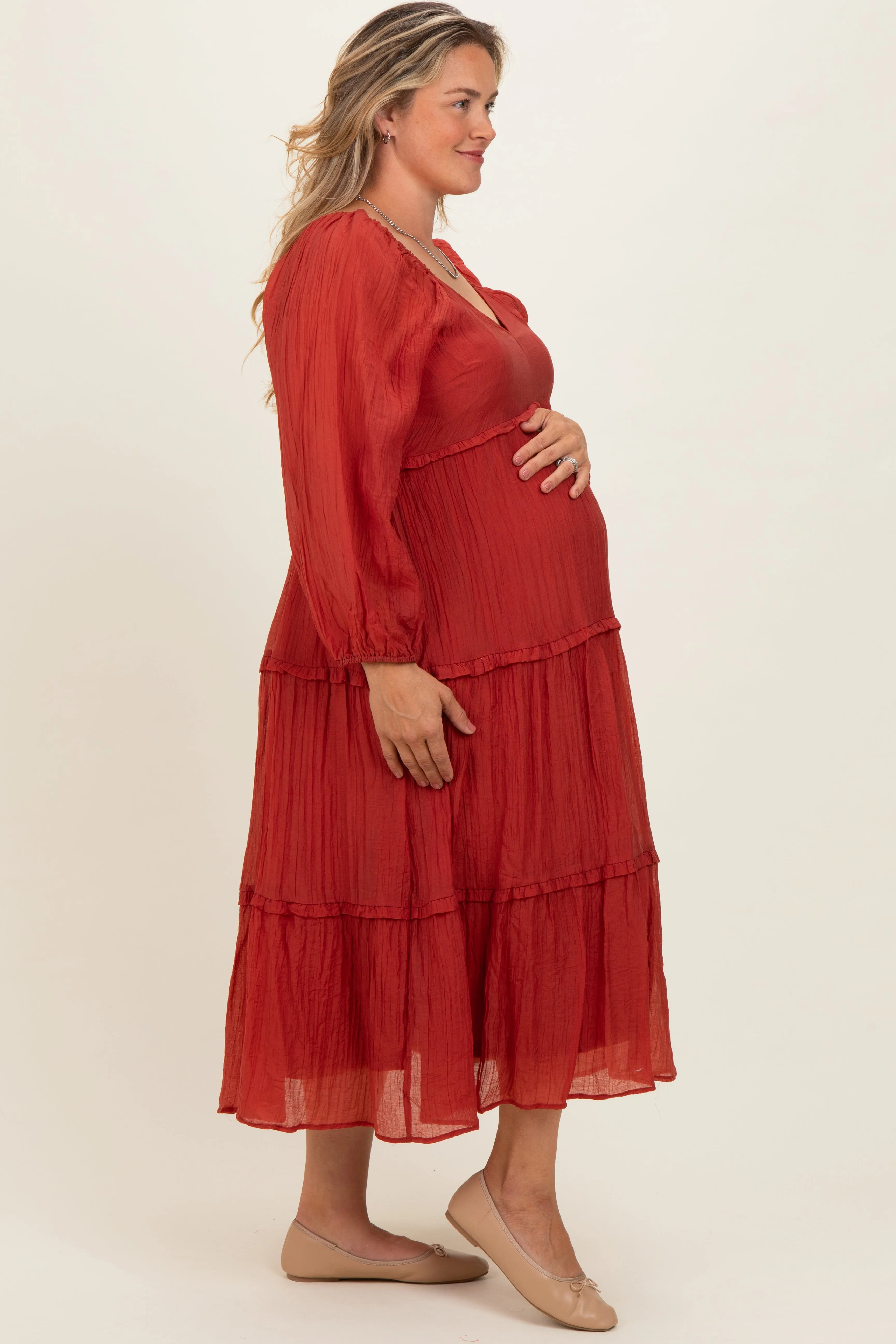 Rust Ruffle Accent Tiered Long Sleeve Maternity Plus Maxi Dress sold by Pinkblush product image thumbnail 3