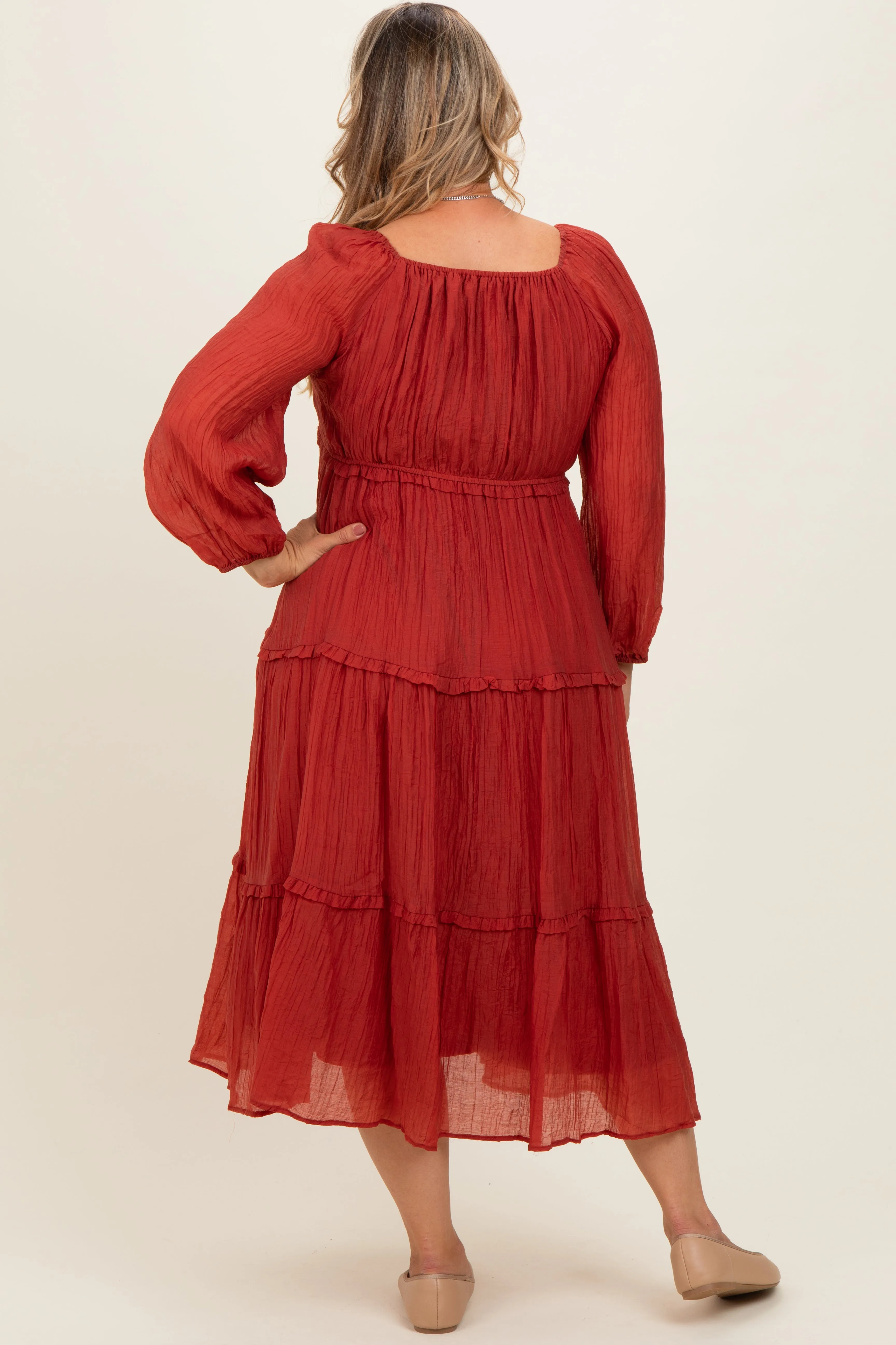 Rust Ruffle Accent Tiered Long Sleeve Maternity Plus Maxi Dress sold by Pinkblush product image thumbnail 4