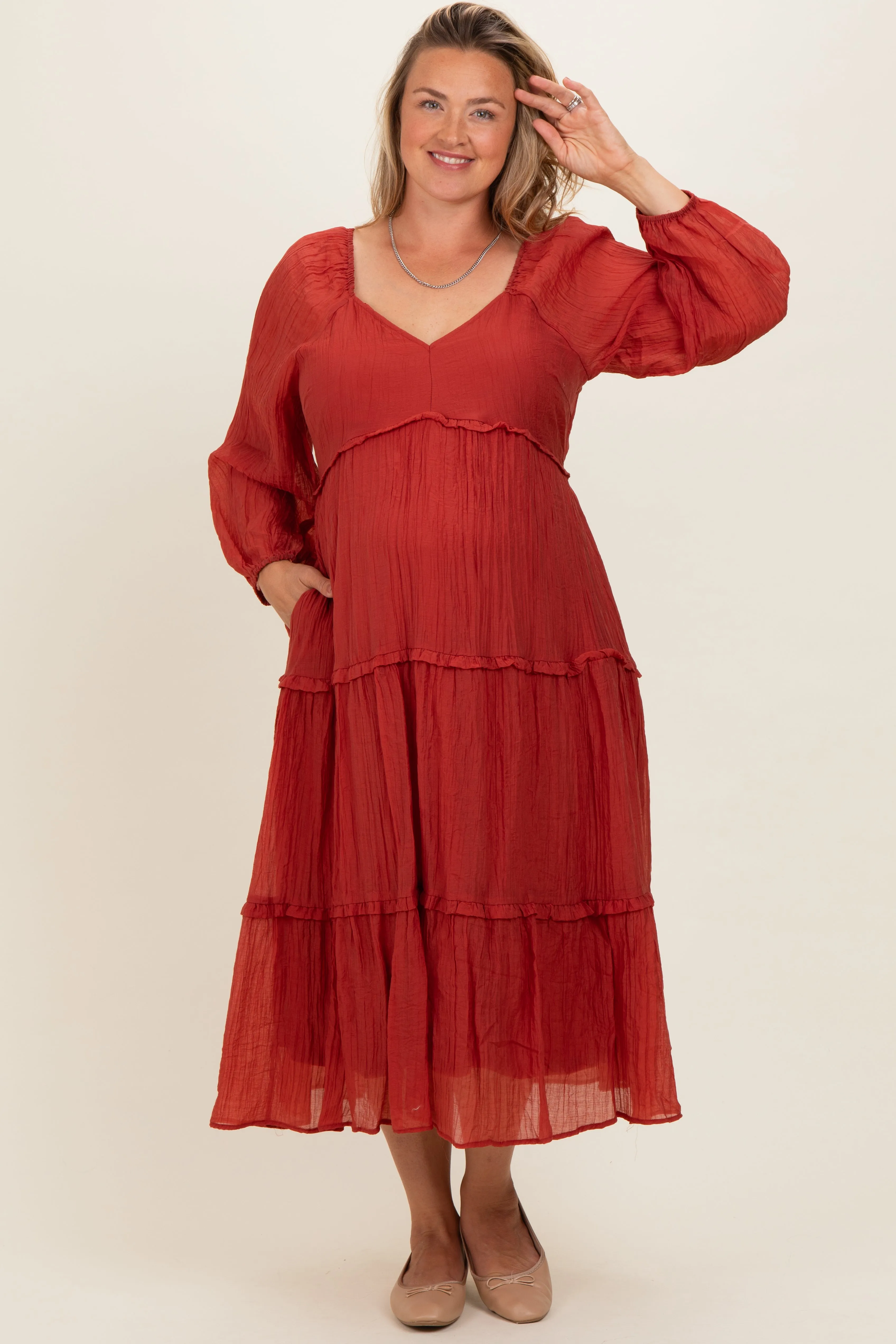 Rust Ruffle Accent Tiered Long Sleeve Maternity Plus Maxi Dress sold by Pinkblush