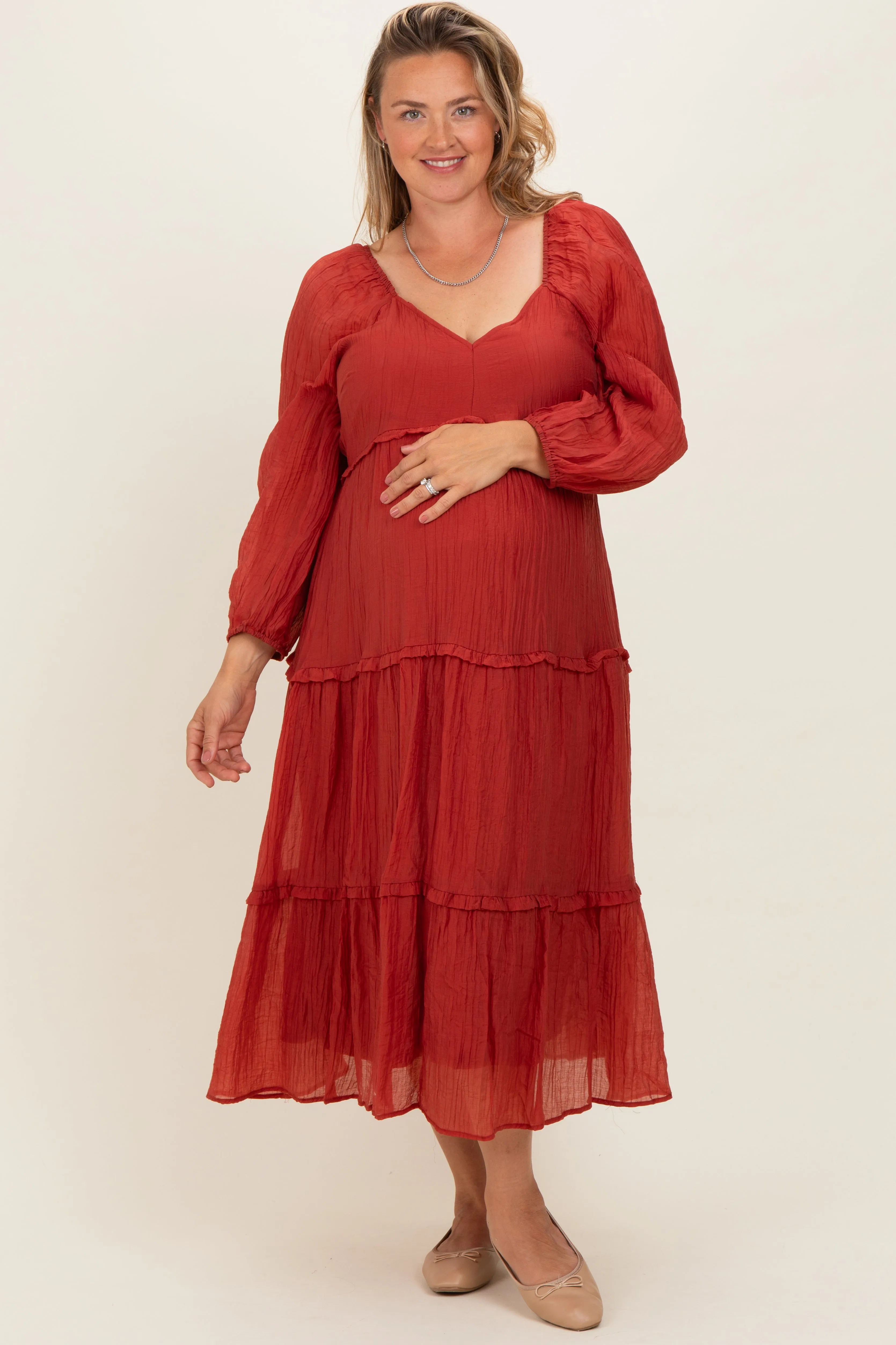 Rust Ruffle Accent Tiered Long Sleeve Maternity Plus Maxi Dress sold by Pinkblush product image thumbnail 2