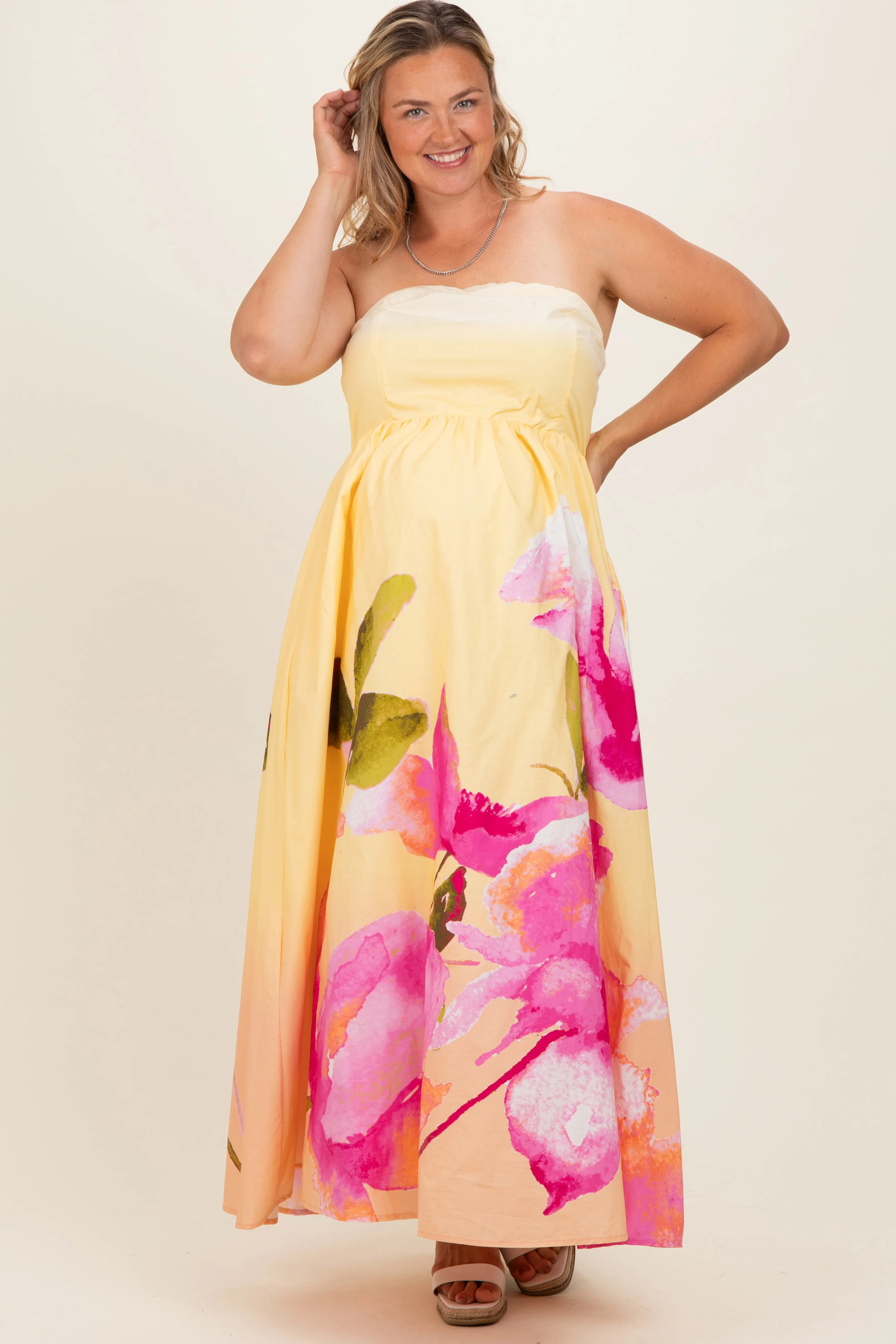 Light Yellow Floral Strapless Maternity Plus Maxi Dress sold by Pinkblush product image thumbnail 2