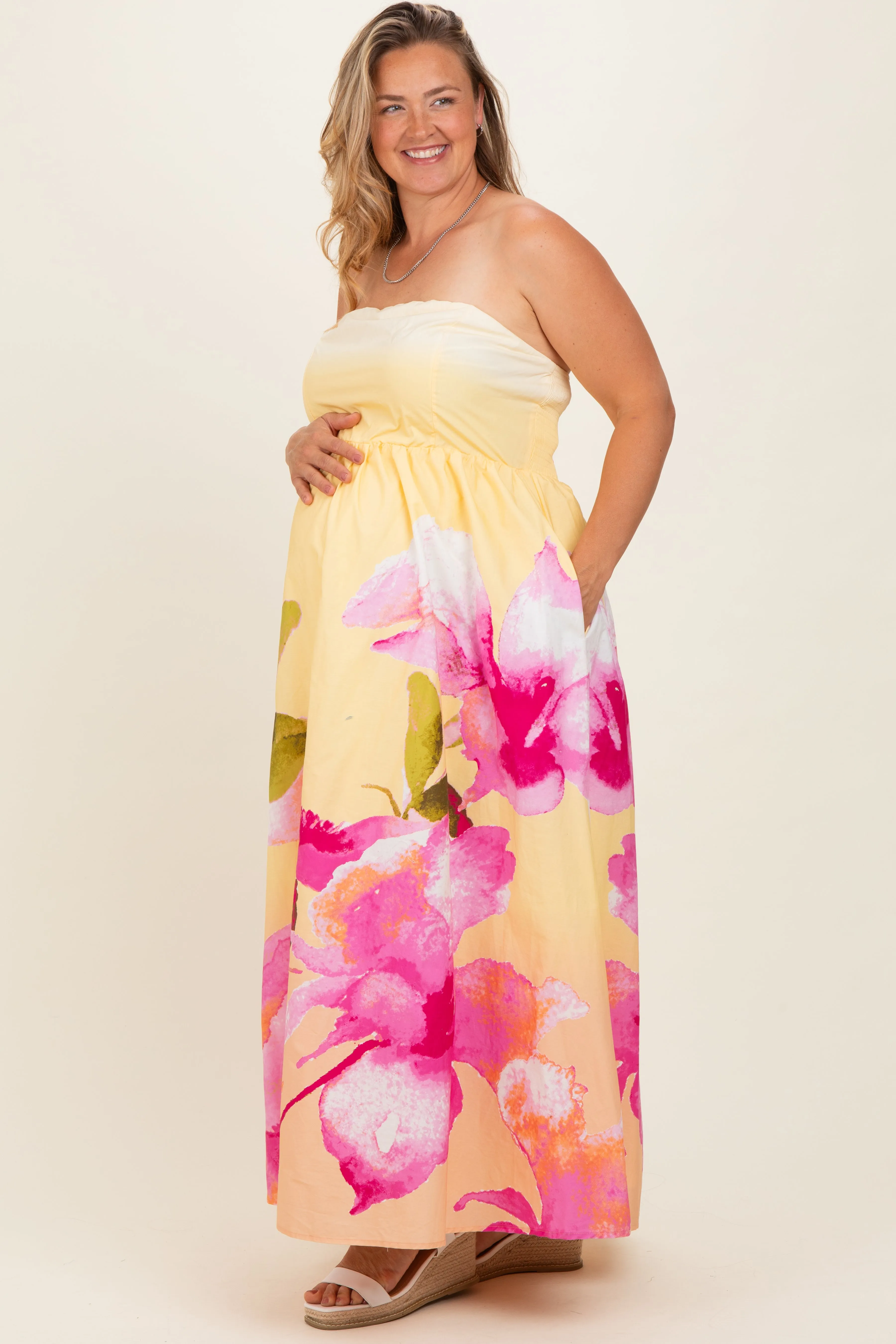 Light Yellow Floral Strapless Maternity Plus Maxi Dress sold by Pinkblush product image thumbnail 3