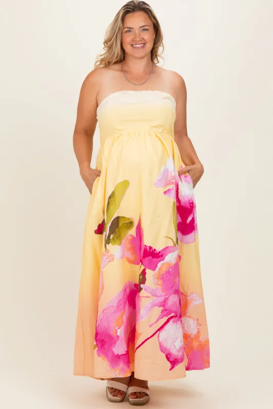 Light Yellow Floral Strapless Maternity Plus Maxi Dress made by Flying Tomato
