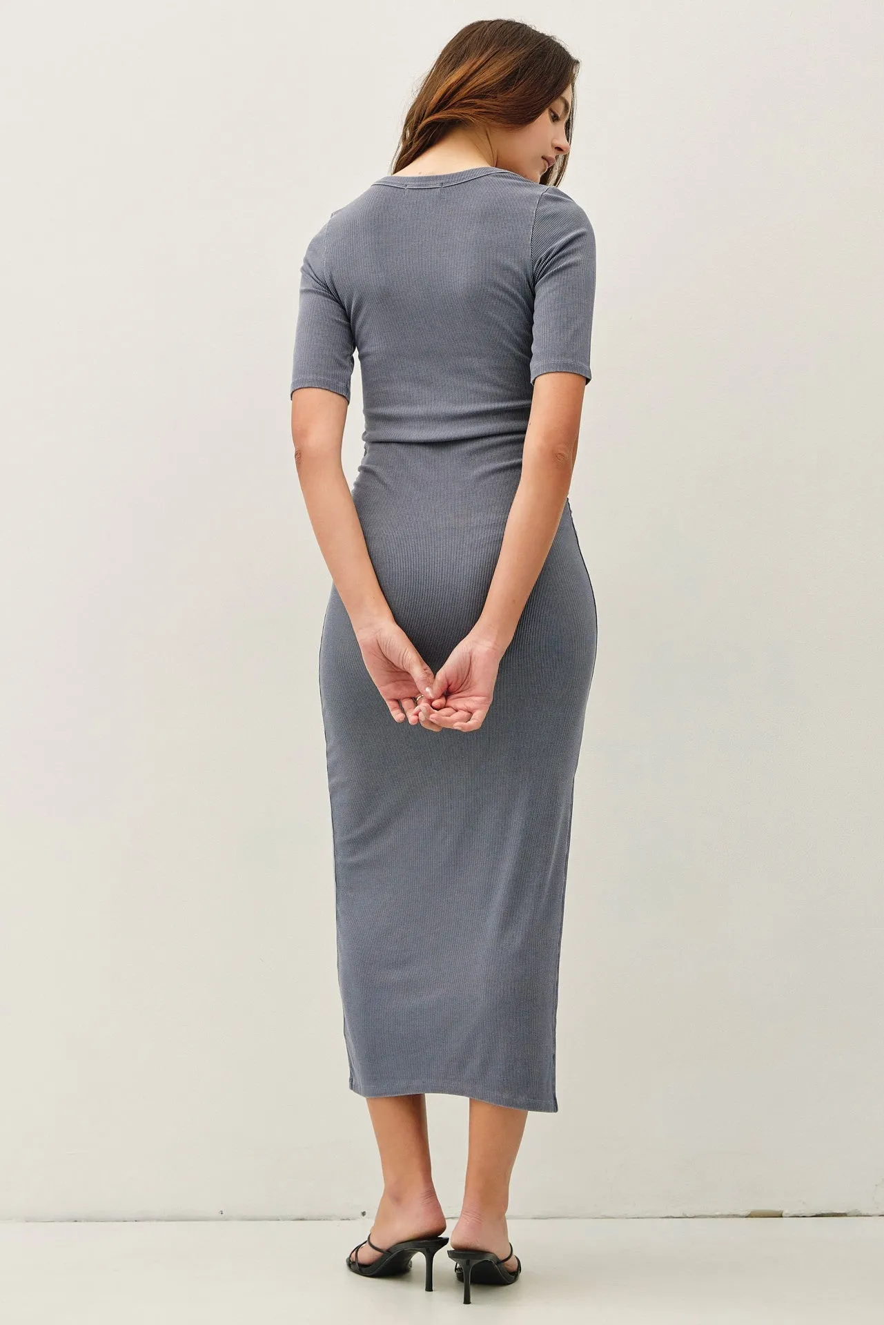 Slate Ruched Short Sleeve Side Slit Midi Dress sold by Pinkblush product image thumbnail 3