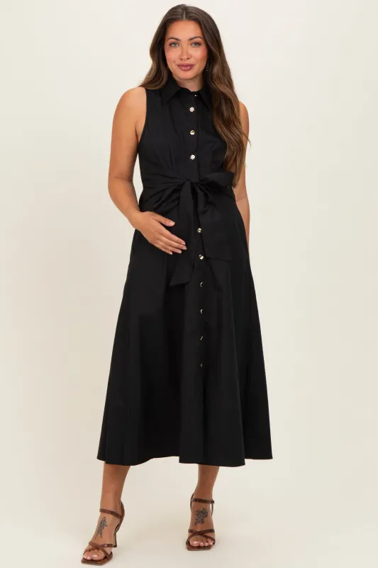 Black Button Up Sleeveless Maternity Midi Dress made by entro