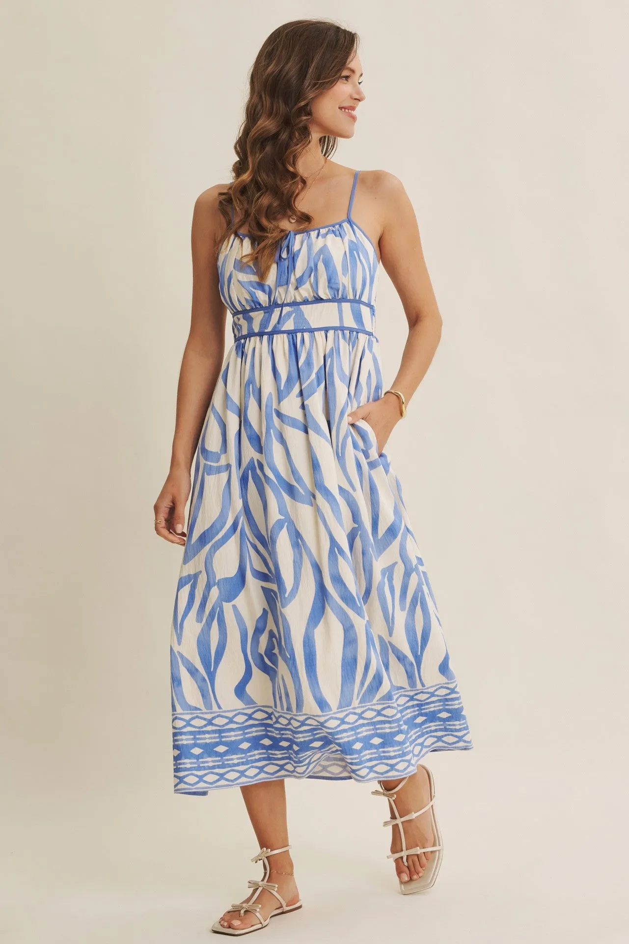 Blue Printed Front Tie Midi Dress sold by Pinkblush
