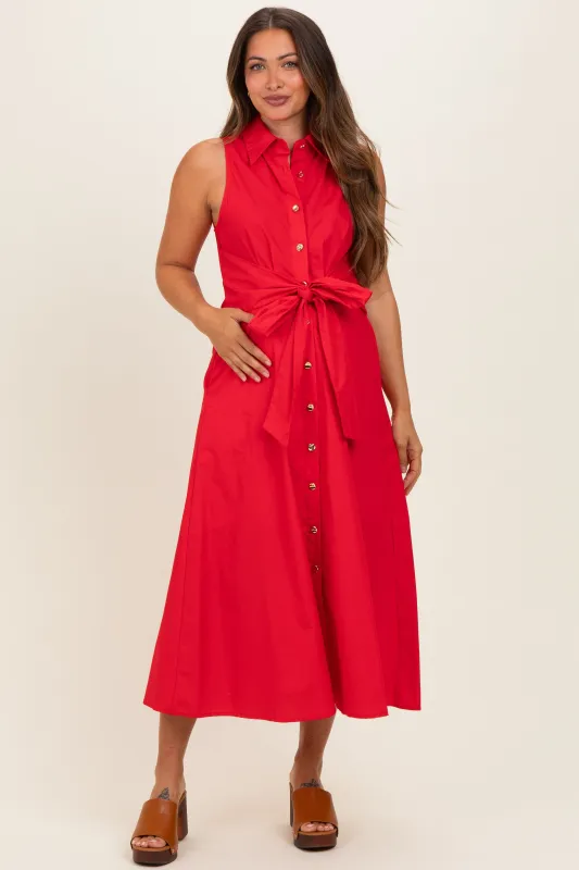 Red Button Up Sleeveless Maternity Midi Dress made by entro