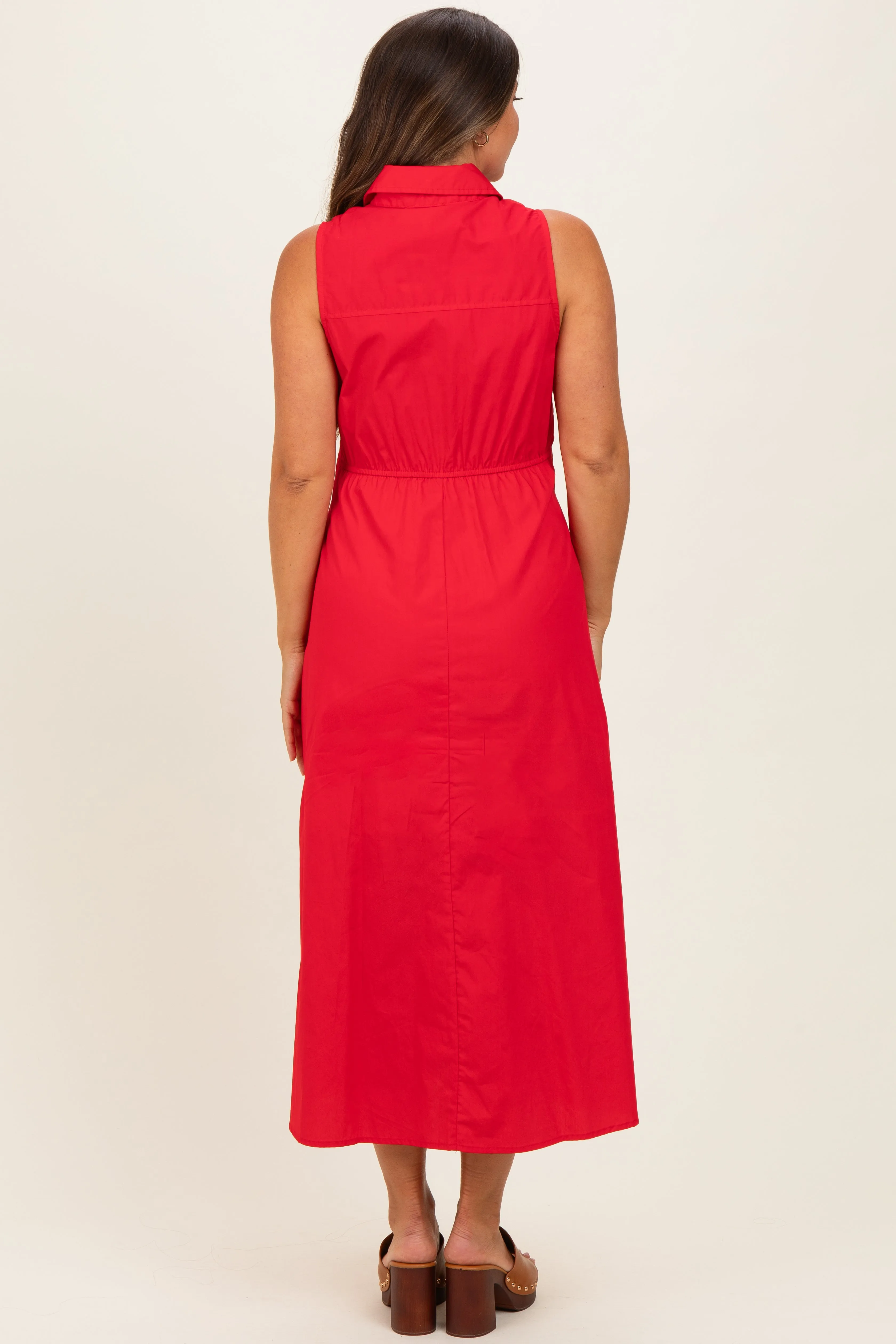 Red Button Up Sleeveless Maternity Midi Dress sold by Pinkblush product image thumbnail 3