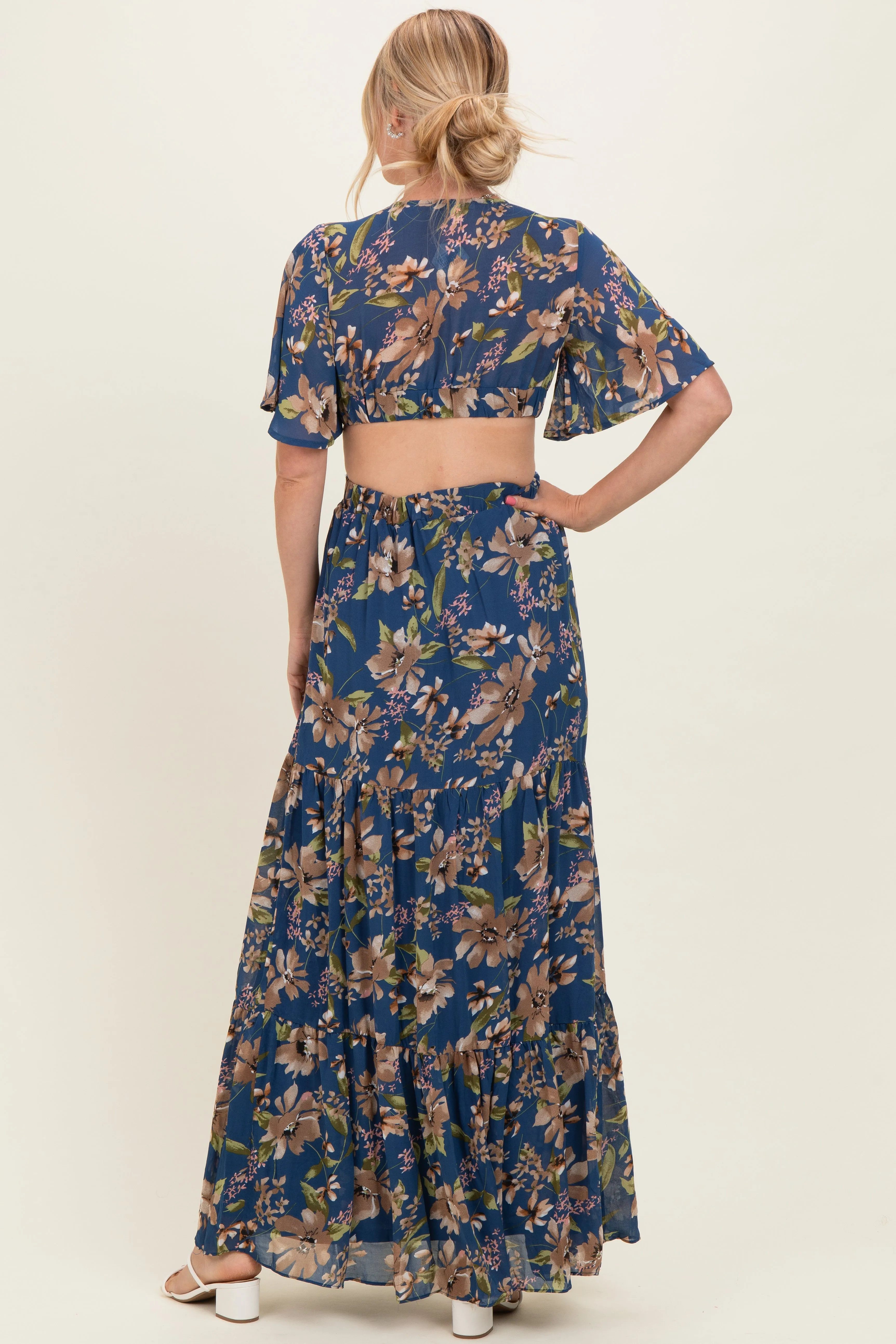 Navy Floral Deep V-Neck Cutout Maxi Dress sold by Pinkblush product image thumbnail 3
