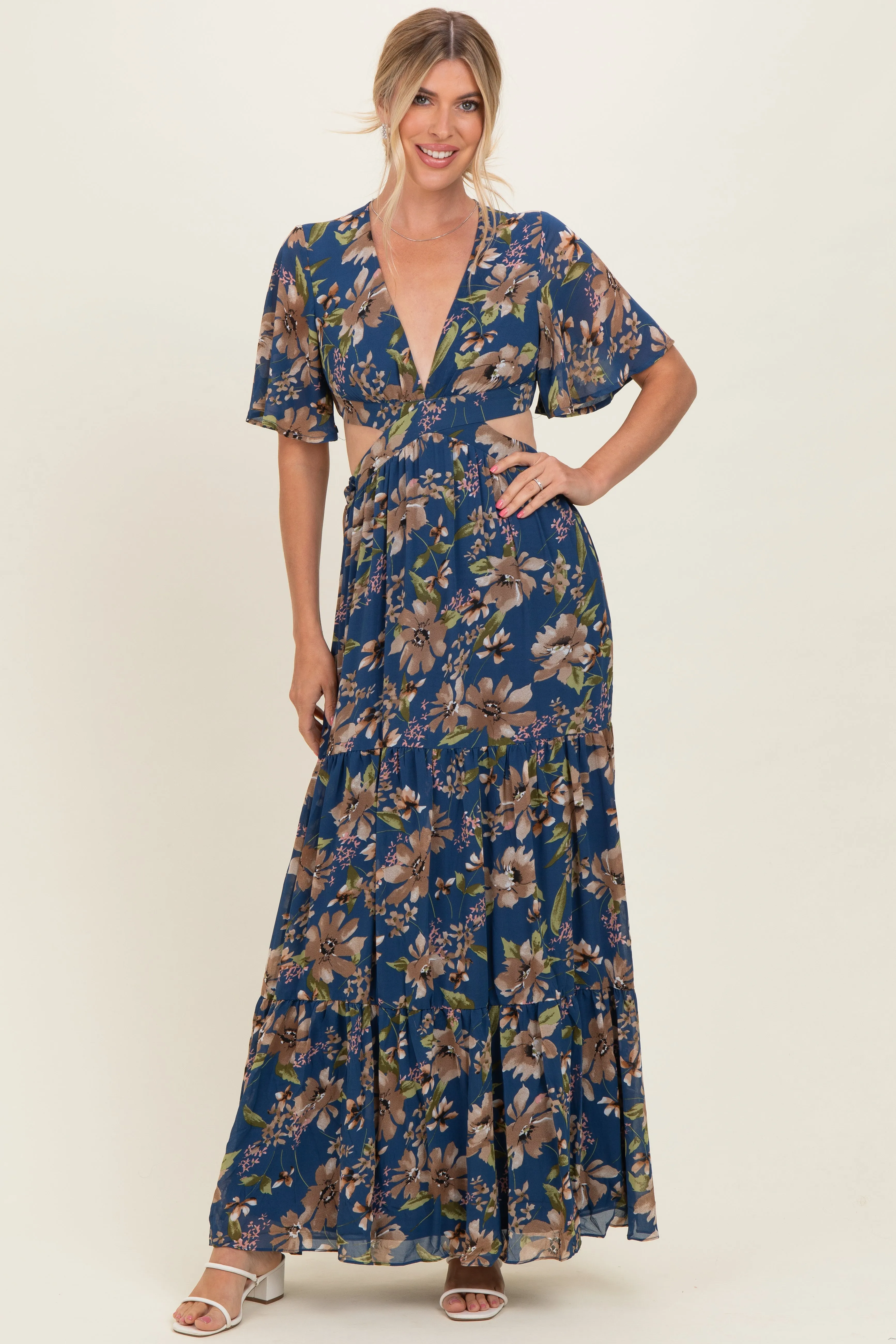Navy Floral Deep V-Neck Cutout Maxi Dress sold by Pinkblush