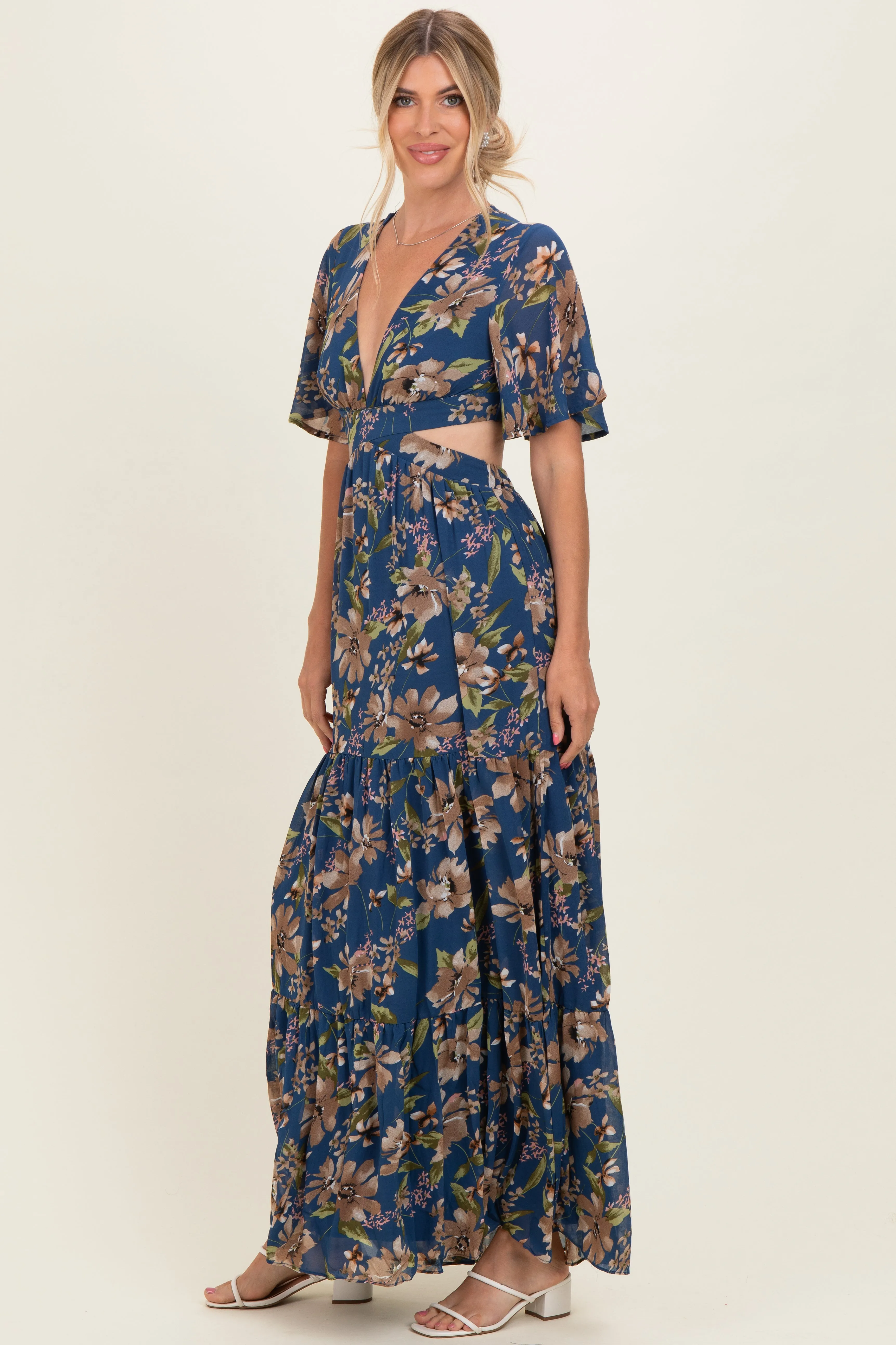 Navy Floral Deep V-Neck Cutout Maxi Dress sold by Pinkblush product image thumbnail 2