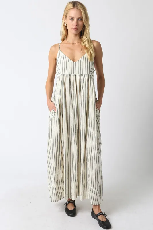 Natural Striped V-Neck Sleeveless Maxi Dress made by Olivaceous
