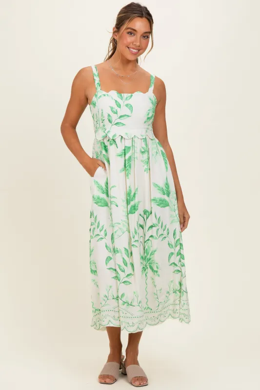Green Printed Scallop Detail Sleeveless Midi Dress made by Pinkblush