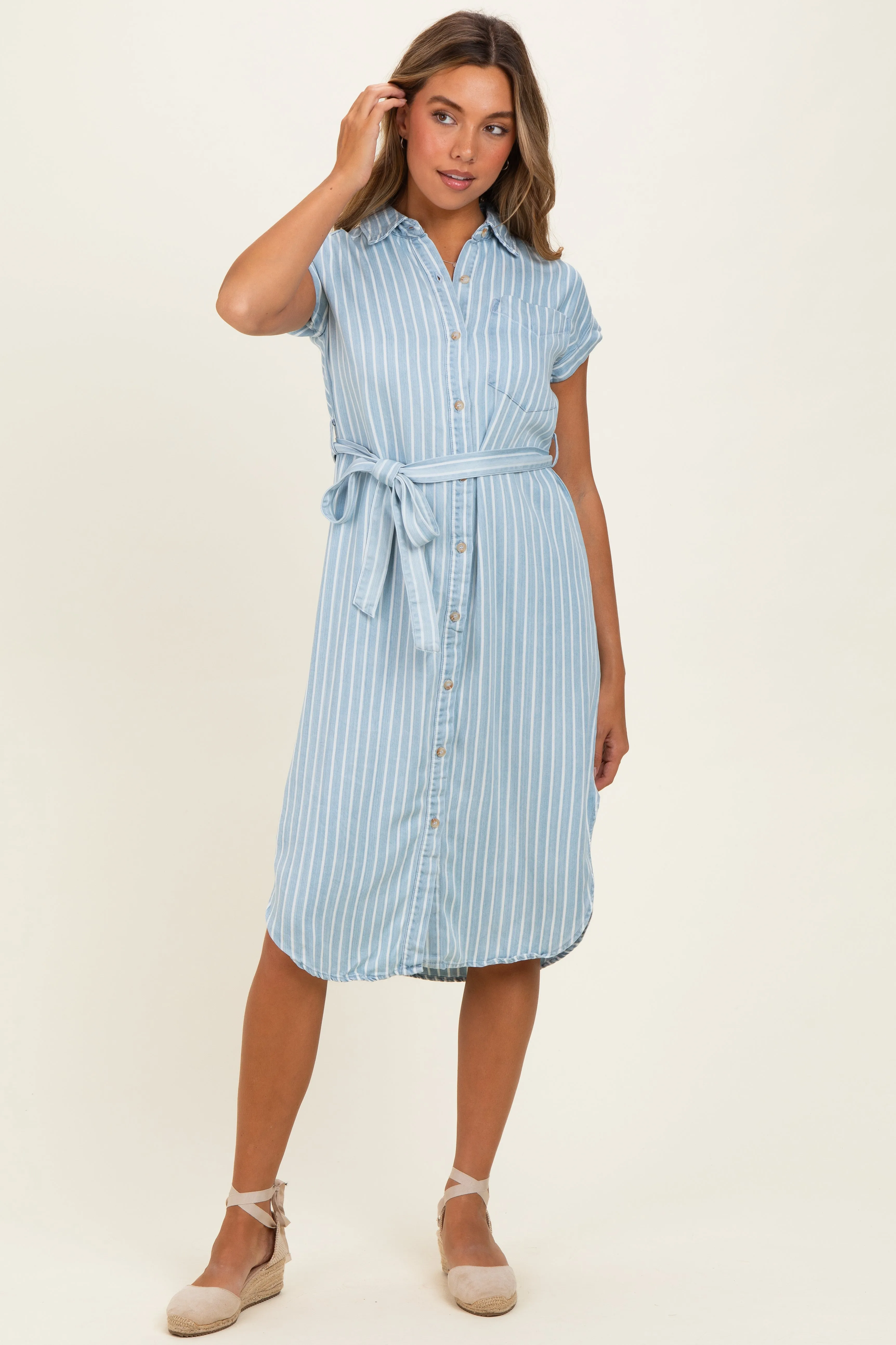 Light Blue Striped Chambray Midi Shirt Dress sold by Pinkblush