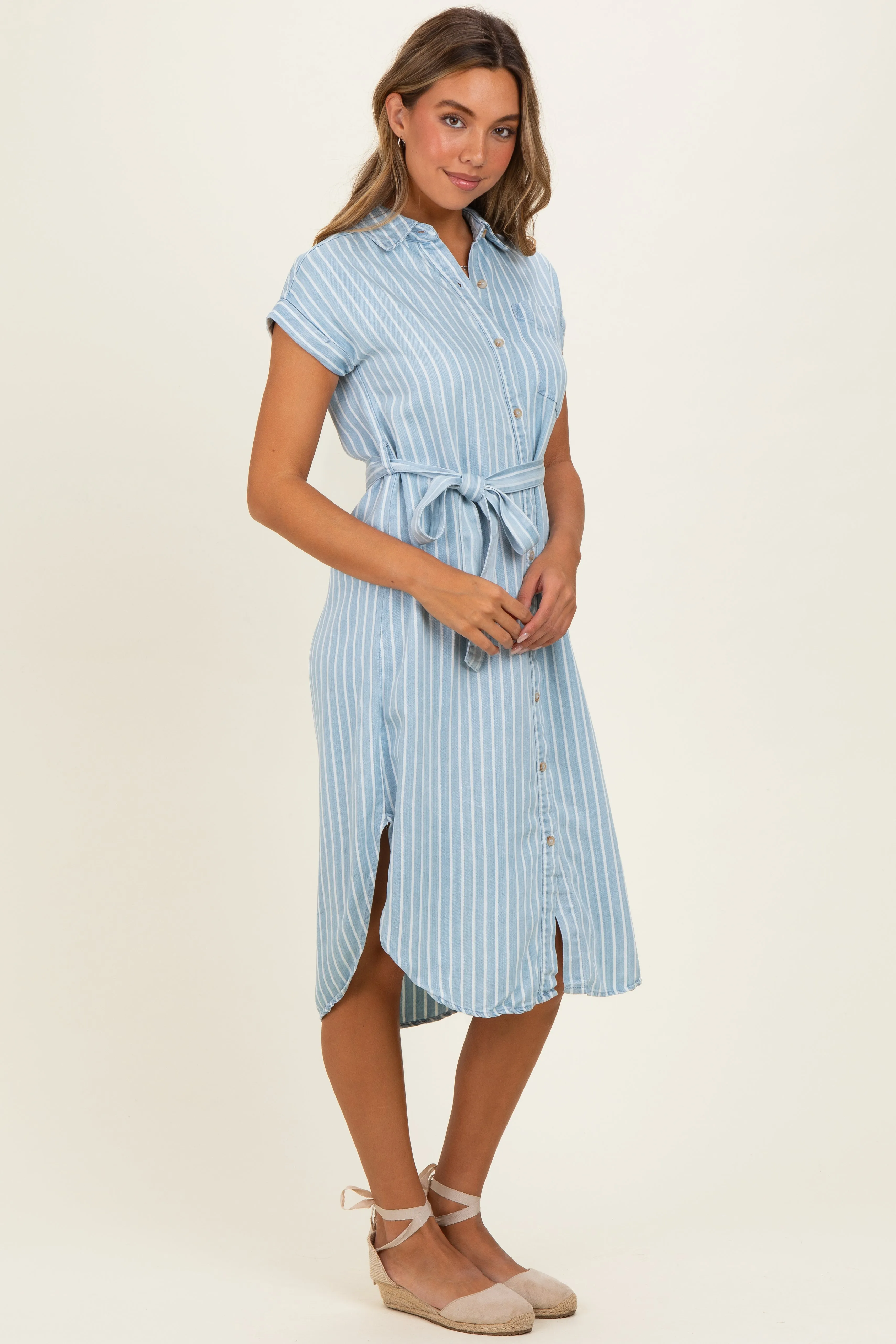 Light Blue Striped Chambray Midi Shirt Dress sold by Pinkblush product image thumbnail 2