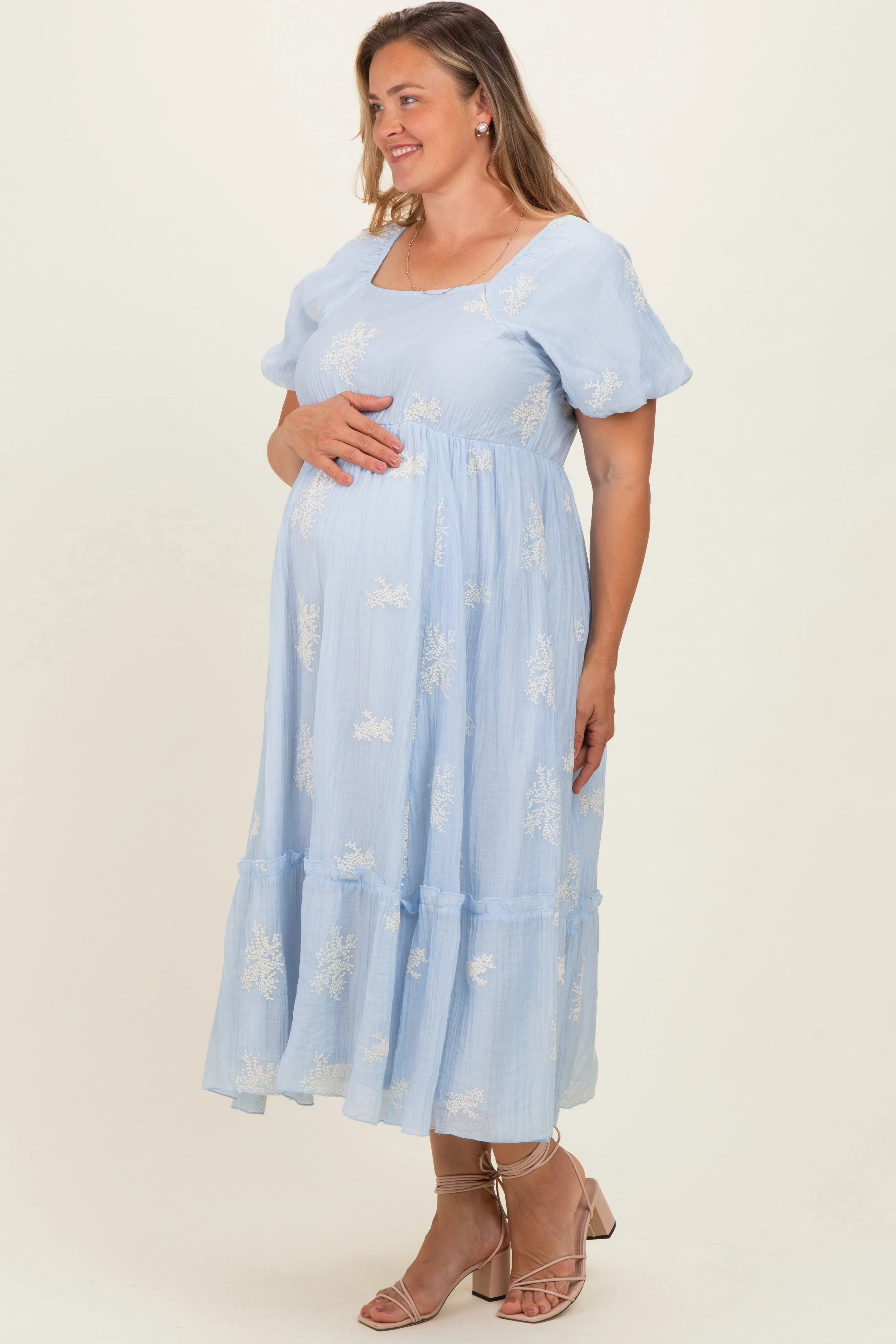 Powder Blue Floral Print Ruffle Hem Maternity Plus Midi Dress sold by Pinkblush product image thumbnail 3