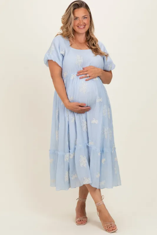 Powder Blue Floral Print Ruffle Hem Maternity Plus Midi Dress made by Polagram